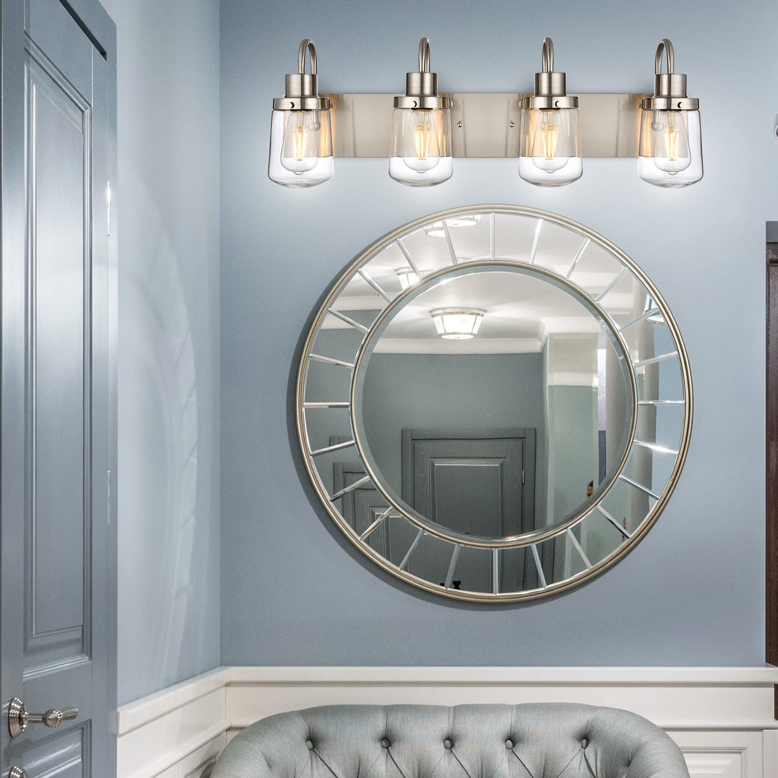Yaohong 4-Light Modern Bathroom Vanity Light, Satin Nickel Farmhouse Fixture With Glass Shades