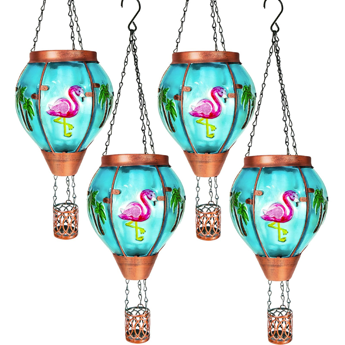 4 Pack Solar Hot Air Balloon Lantern with Flame, Flamingo Glass Solar Outdoor Lights Decorative for Outdoor Patio Garden Decor, 