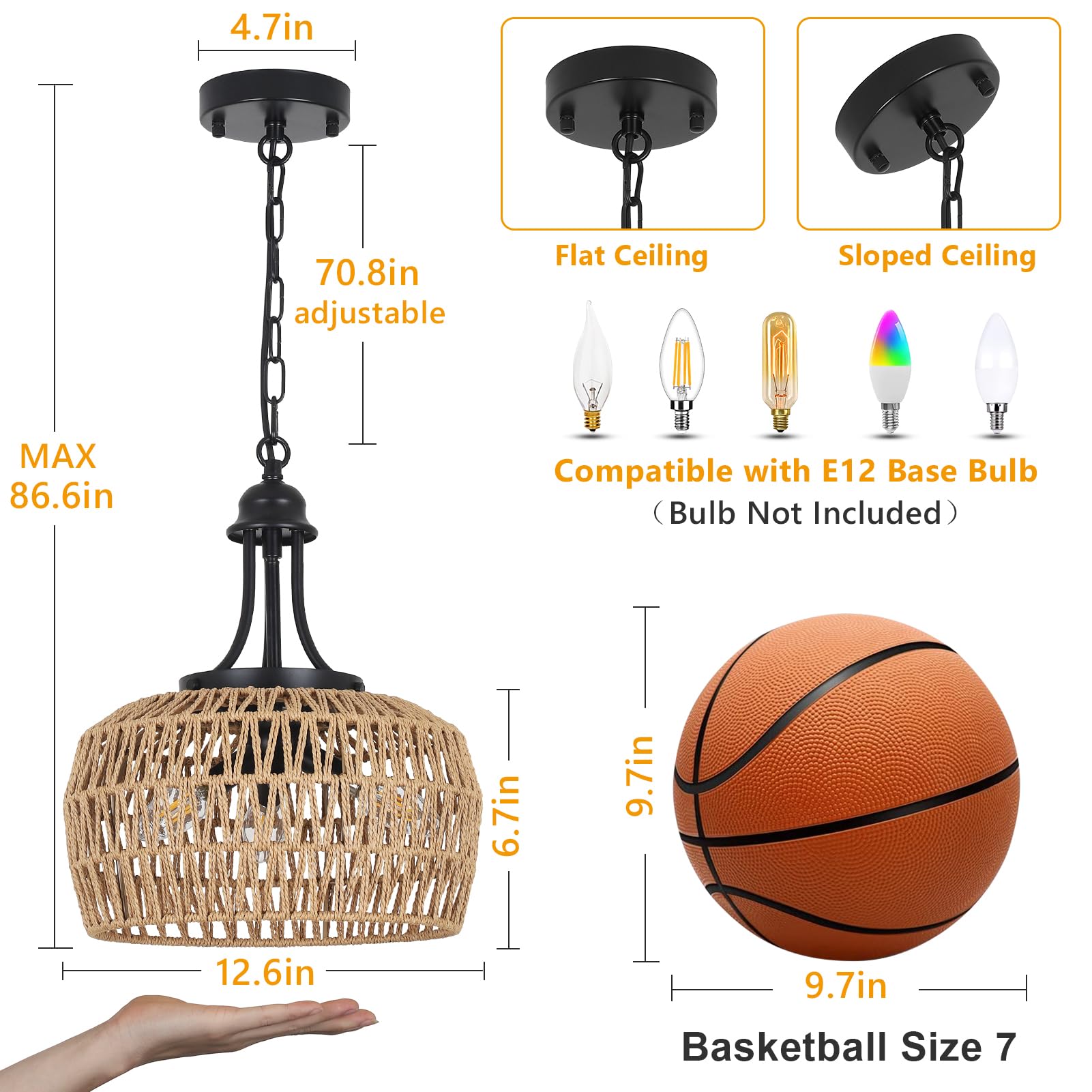 Hmvpl 3-Light Boho Rattan Chandelier - Woven Lampshade Coastal Pendant For Dining Room & Kitchen