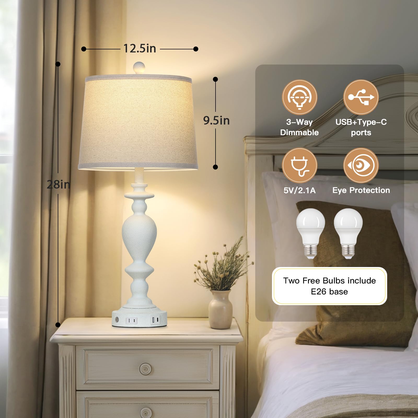 Cinkeda 28'' White Farmhouse Table Lamps Set Of 2 With Usb C+A Ports & Ac Outlet For Vintage Living Room Rustic Bedroom,3-Way Di