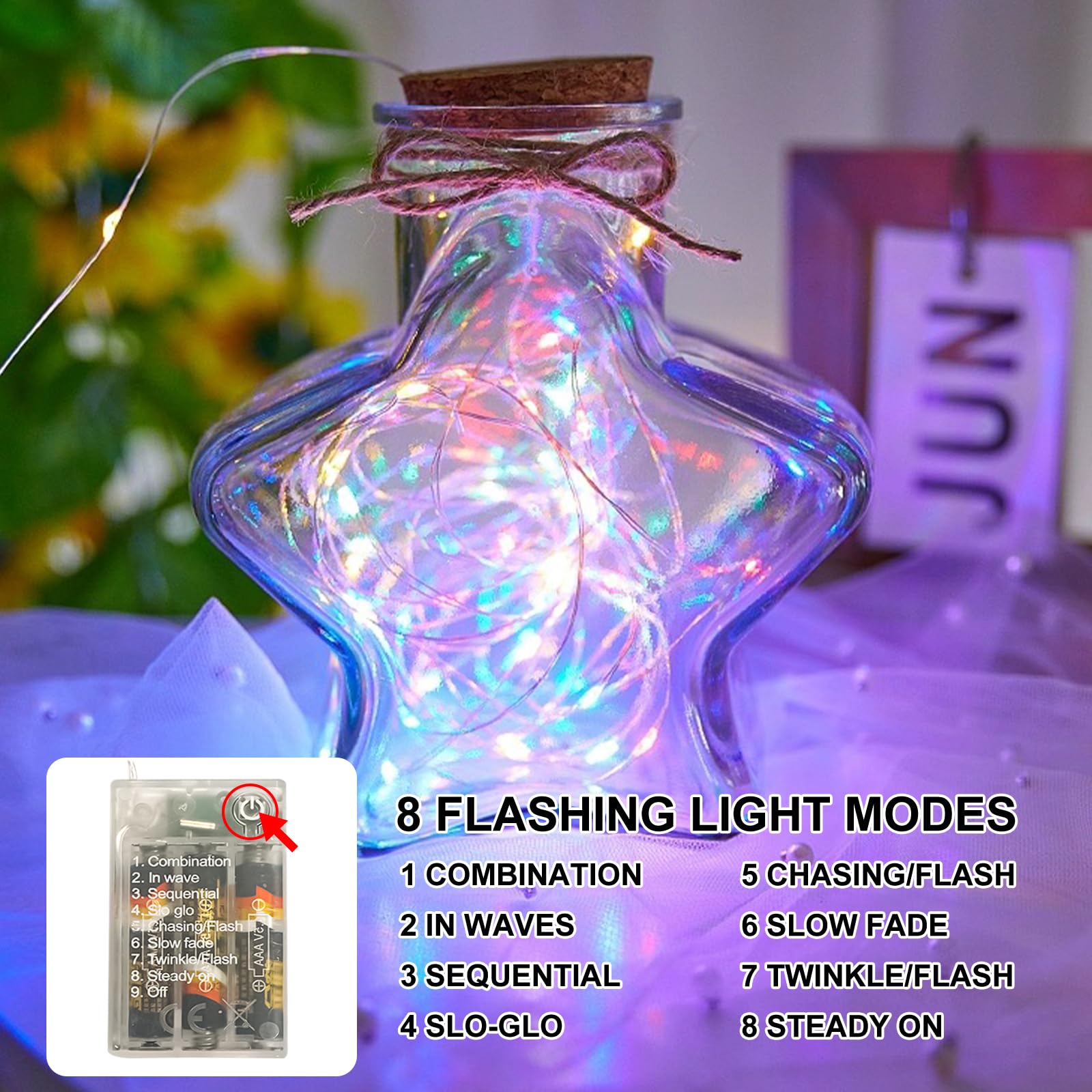 Sinamer Multicolor Fairy Lights Battery Operated (Included), 8 Modes & Auto Timer, 4 Packs 5M 50Led Mini Twinkle Silver Wire Firefly Starry Lights, Waterproof Battery Operated Lights For Tree Bottle