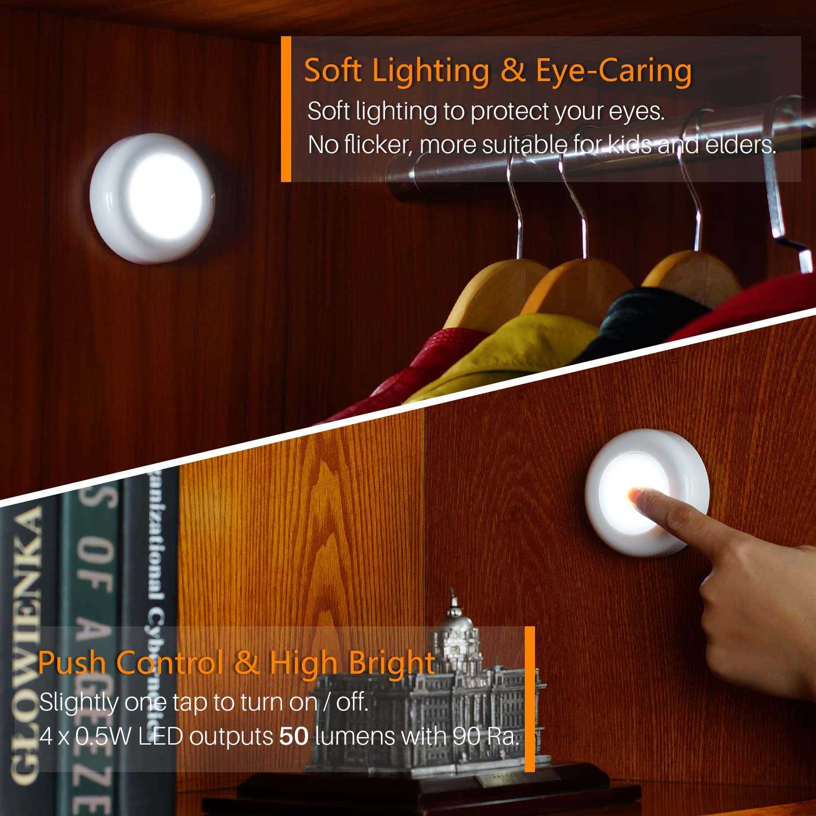 4 Led Push Tap Light - 7Cm Wireless Battery Operated Mini Night Light, White, Model Us-8016-Wh5, 5-Pack, Ideal For Cabinets And Closets