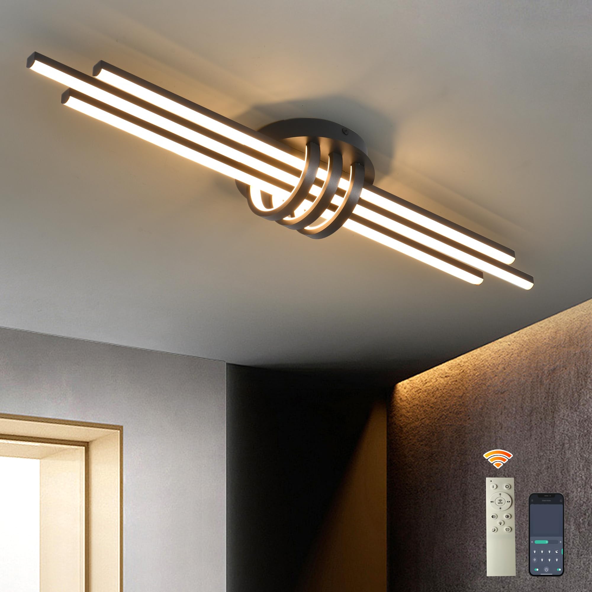 Garwarm Modern Ceiling Light Fixture,39.4 Inch Black Kitchen Lights Ceiling, Linear Dimmable Led Chandelier Remote Control For D