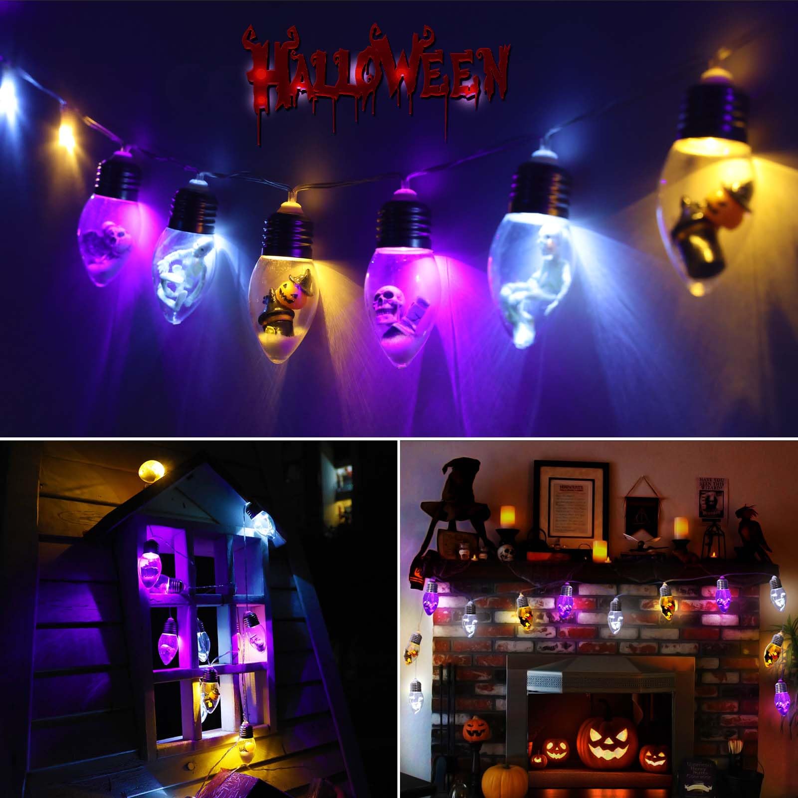 Halloween Bulb String Lights Decorations, Battery Operated Powerd 8.2 Ft 12 Led Orange Purple White Skeleton Pumpkin Tombstone Spooky Cute Timer 8 Lighting Modes Twinkle Indoor Outdoor Window Decor
