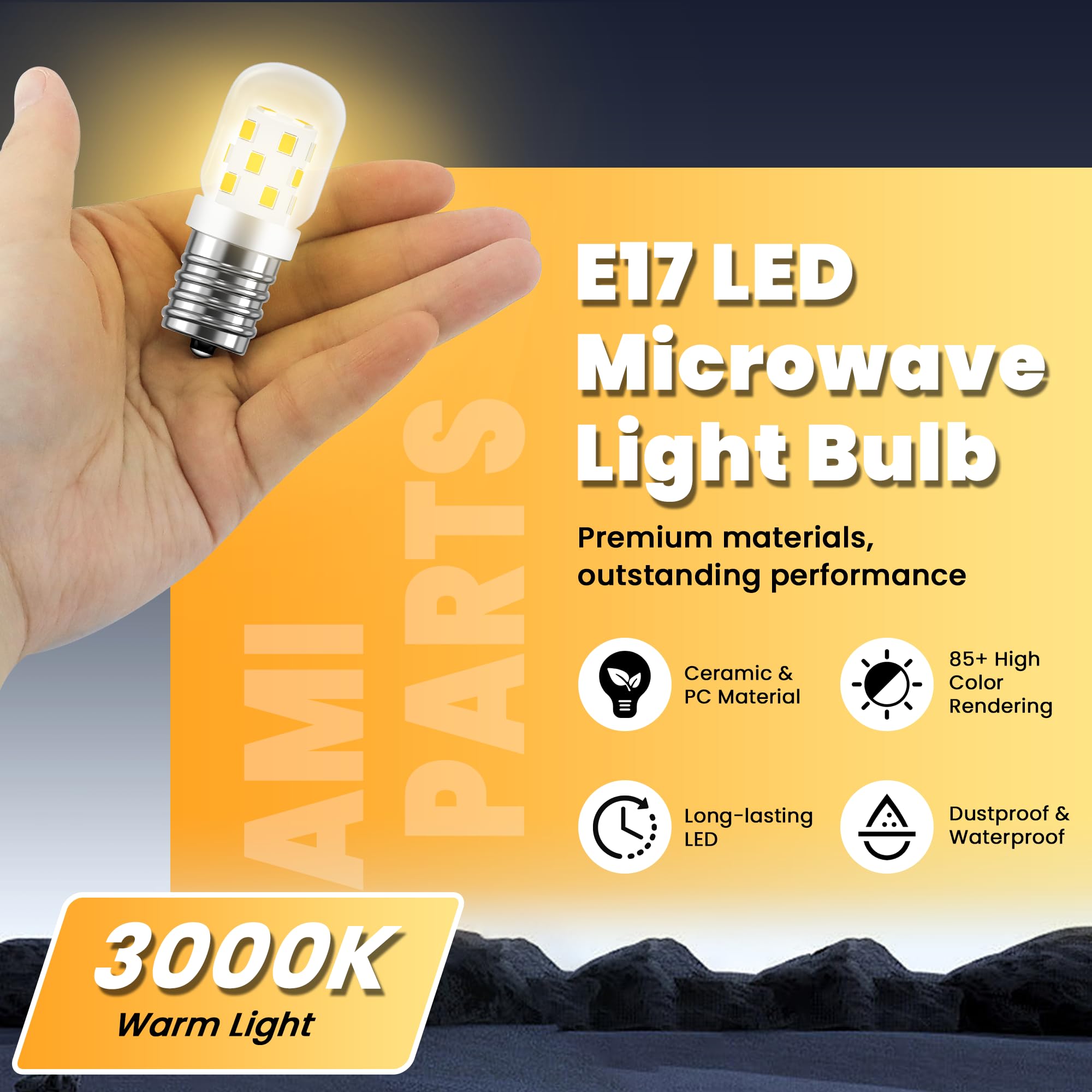 AMI PARTS E17 LED Light Bulb 3W 380LM 3000K Daylight Warm - 2 Pack, Yellow, Non-dimming for Microwaves & Refrigerators