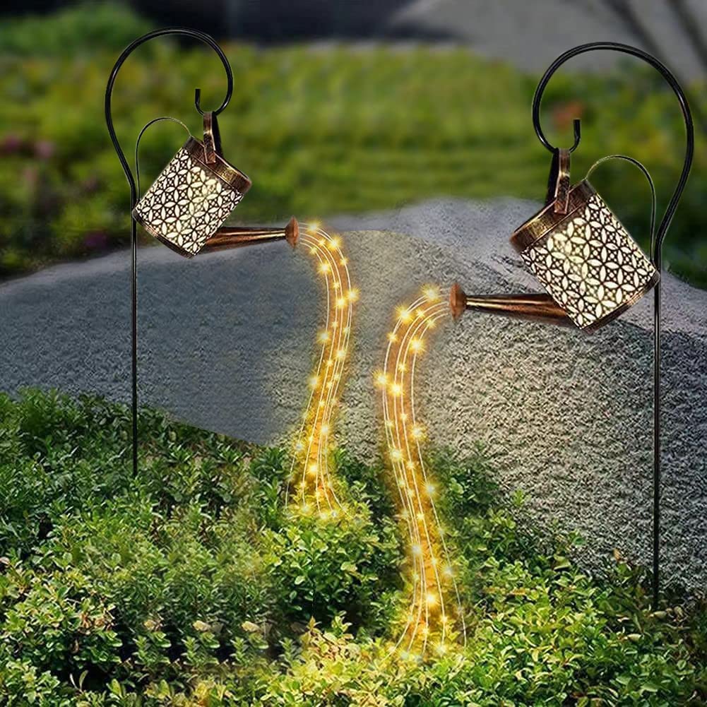 HUYIENO Solar Garden Lights - 2 Pack Hanging Lanterns, Metal Watering Can Design, Warm LEDs, Shepherd Hook for Patio and Yard