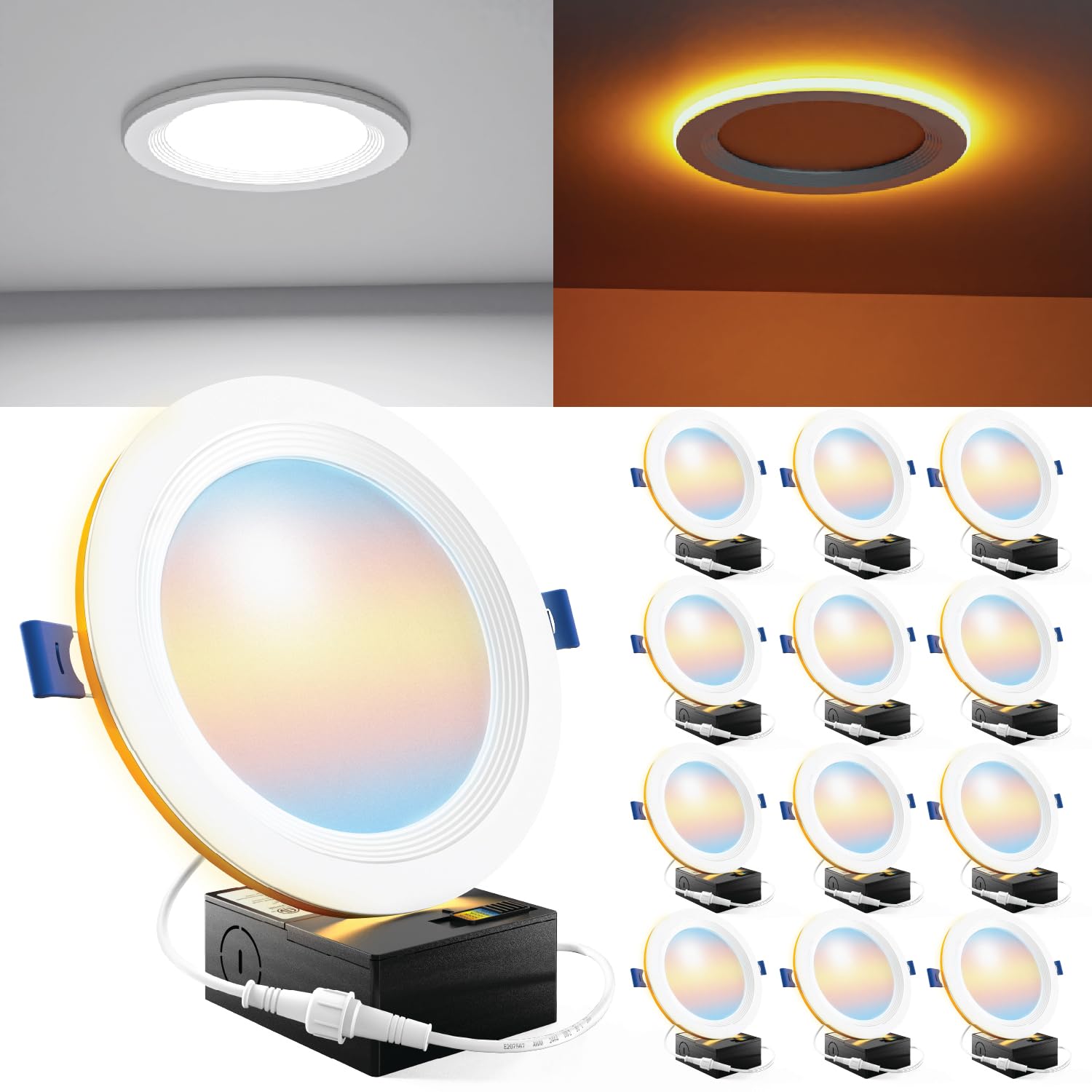 Sunco 12 Pack 6 Inch LED Recessed Light with Night Light, Flush Mount Ceiling Light, Baffle Trim Slim Can Lights, 1500 LM, Selec