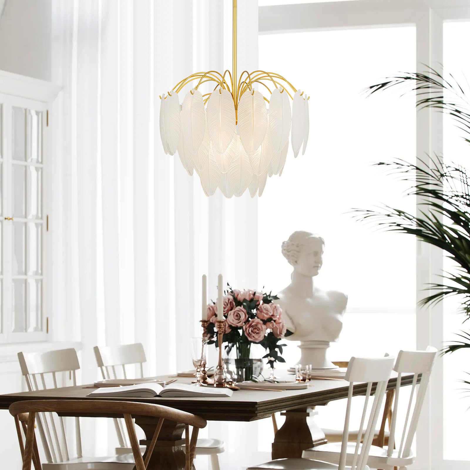 LumFurn 6-Light Gold Chandelier, Modern 3-Tier Pendant Light, Adjustable 19-51", Frosted Glass Shade, Brass Frame, Large