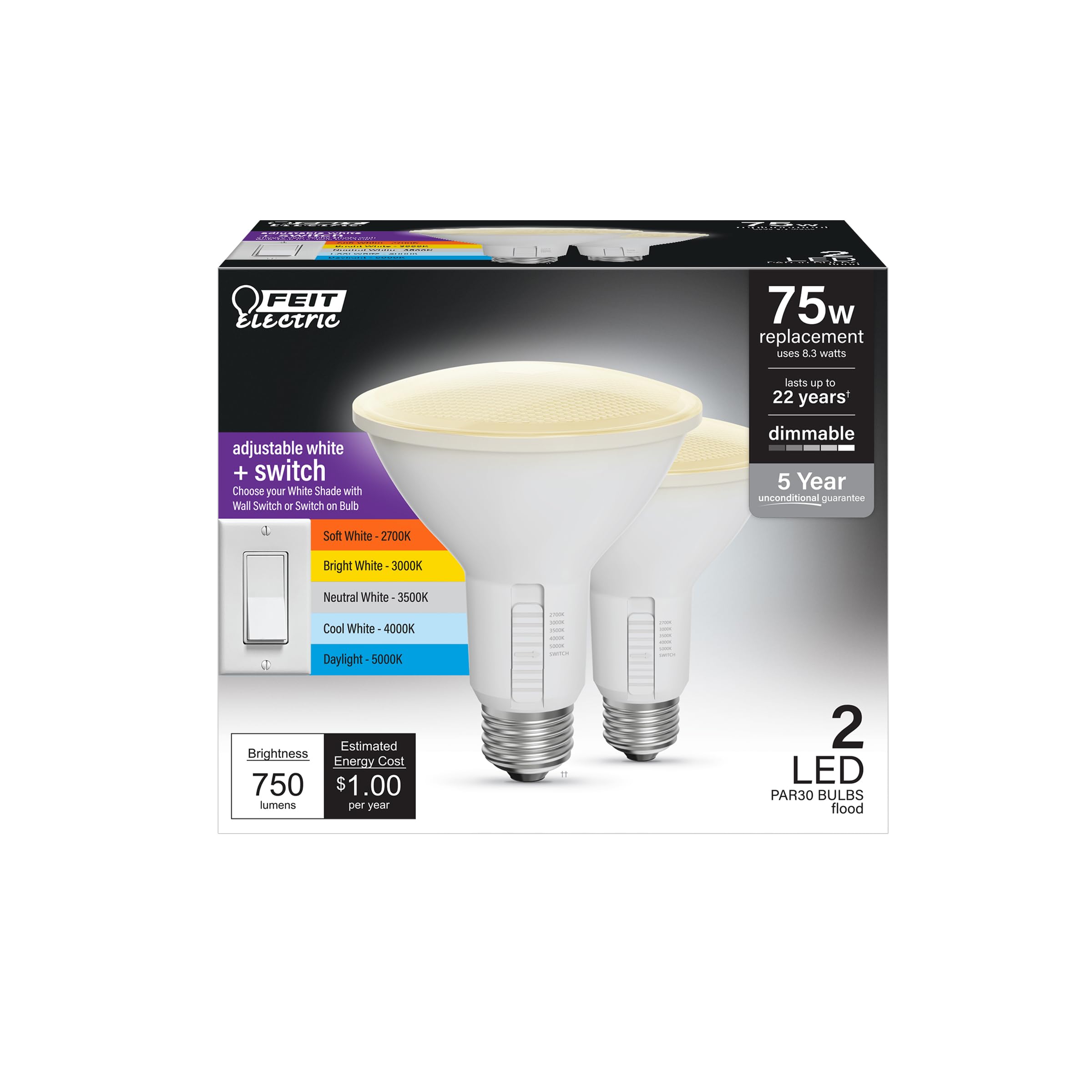 Feit Electric Par30 Led Light Bulb, 75W Equivalent, Dimmable, Color Selectable 6-Way, 5Cct, E26 Medium Base, 90 Cri, 750 Lumens,