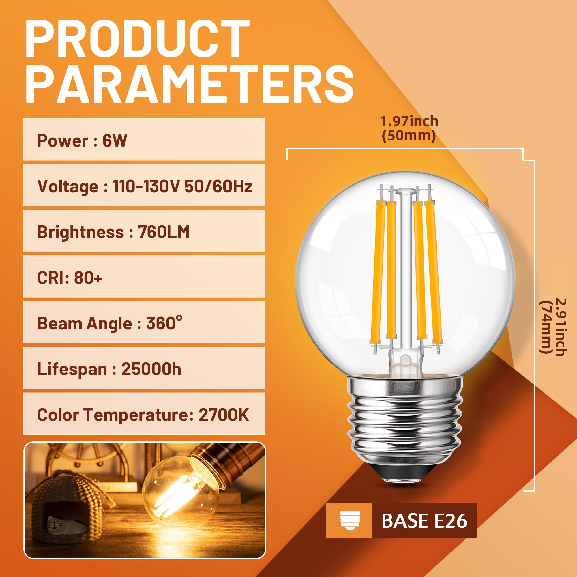 Guangyue Dimmable E26 Clear Led Edison Bulbs, G16.5 4W Equivalent 40 Watt Edison Bulbs, 760Lm 2700K Soft White, Small Round Deco