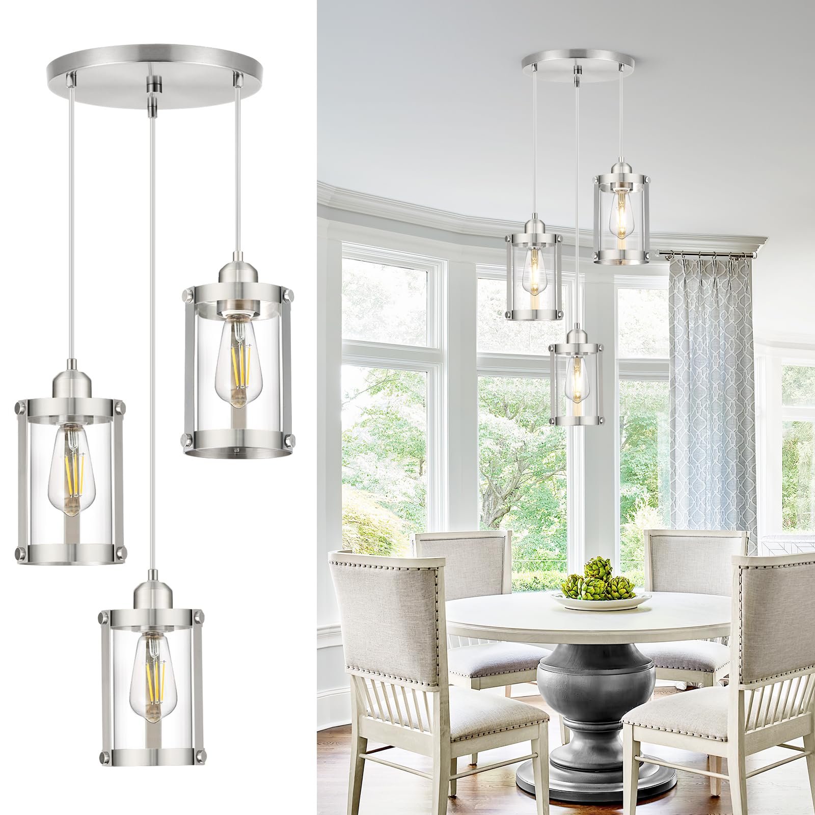 Osimir 3-Light Pendant Lighting, Brushed Nickel Dining Room Chandelier Light Fixture Over Table with Clear Glass, Modern Cluster