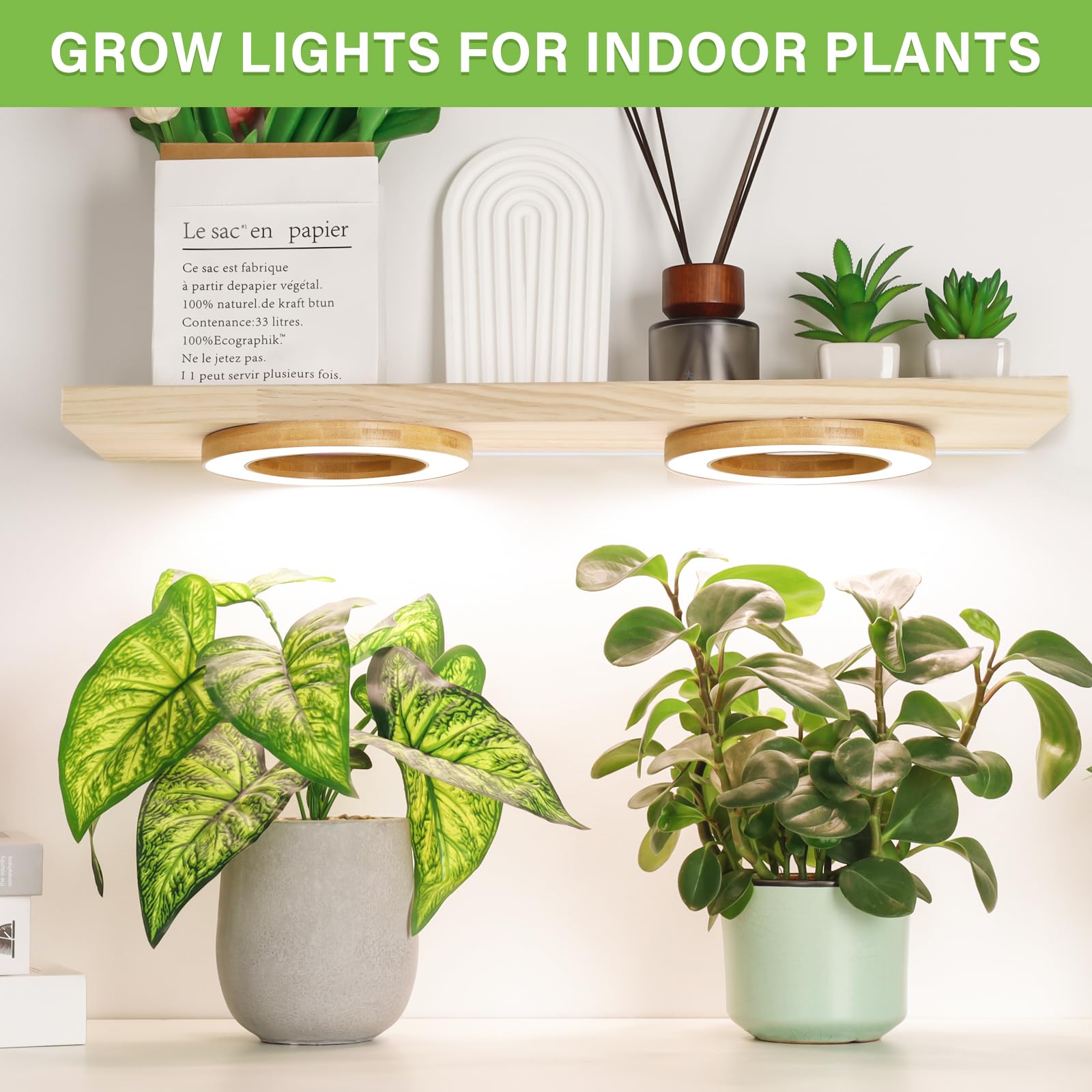Lordem 6.3&quot; Bamboo Ceiling Grow Light For Indoor Plants, 144 Leds Full Spectrum Grow Lamp, Under Cabinet Plant Light With 4/8/12H Auto Timer, 3 Switch Modes, 4 Dimmable Brightness Levels, Dual Head