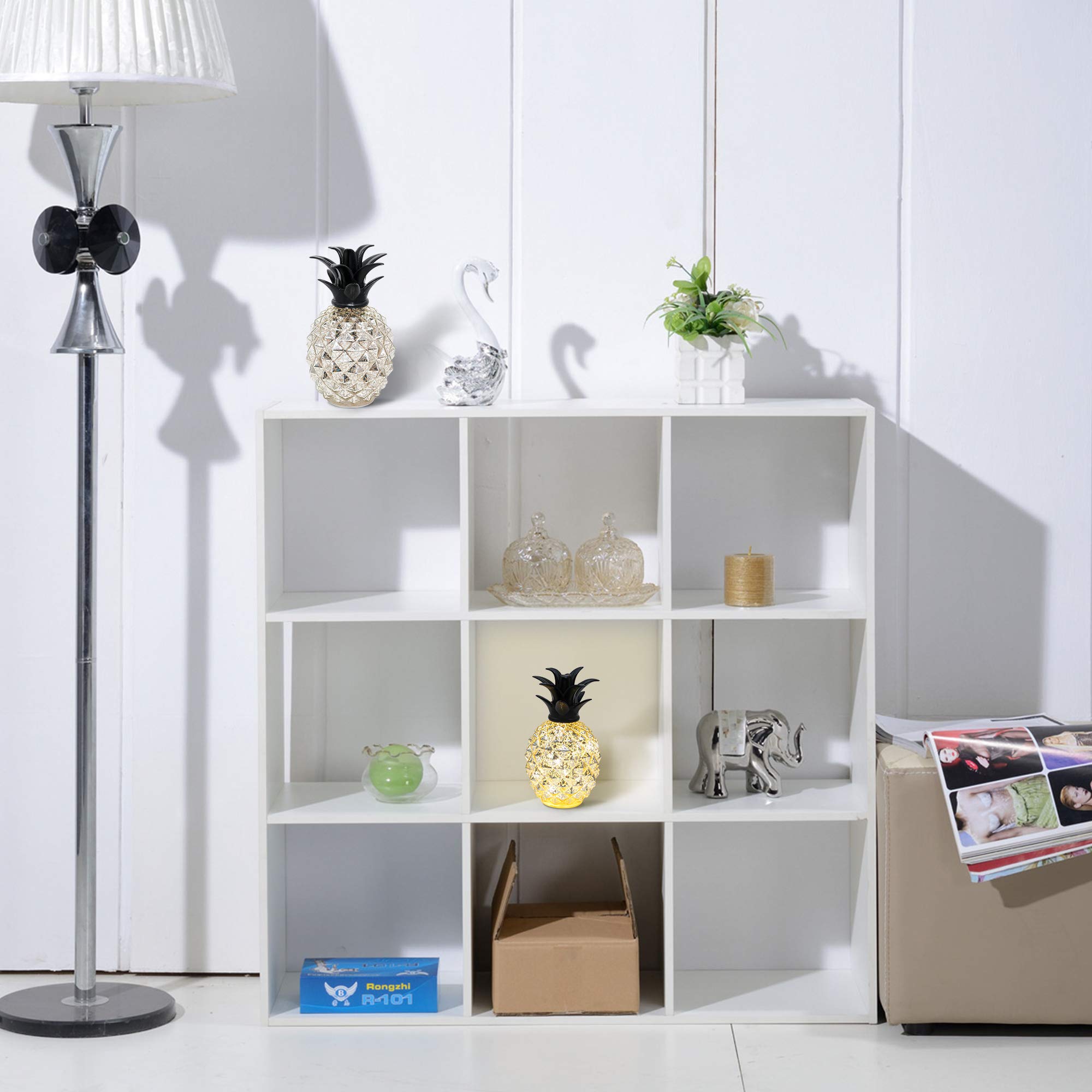 Romingo Pineapple Lamp, 9 Inch Silver Mercury Glass, Battery Operated Night Light with Timer, Model BL17008C