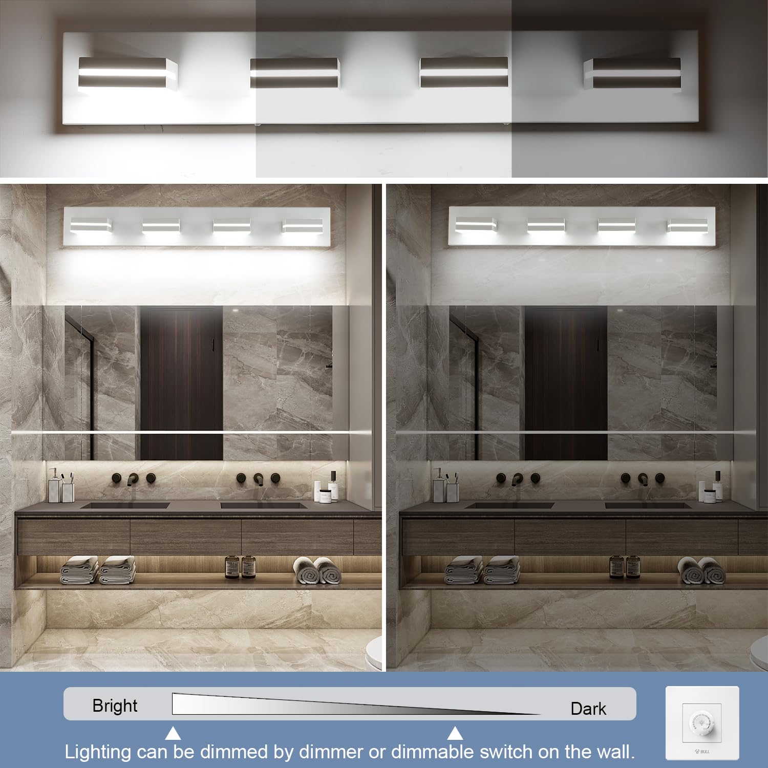SineRise LED Bathroom Vanity Light Fixtures, 4-Light, 30-Inch, Dimmable, Matte White, Model H0001-15, Acrylic Over Mirror
