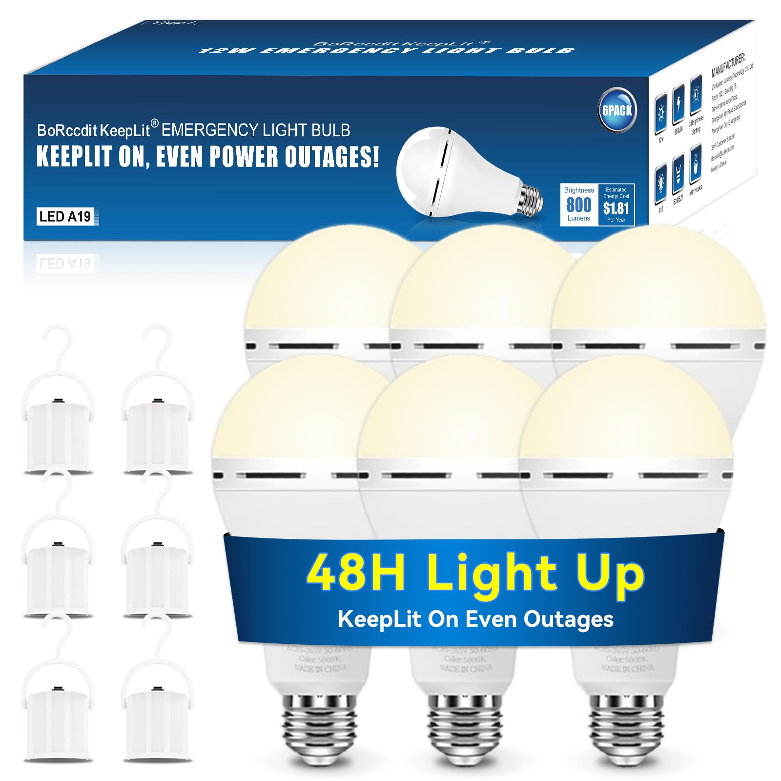 Keeplit 6Pk A19 Emergency Rechargeable Light Bulbs, 48H Light Up & 3 Brightness Emergency Power Outage Light Bulbs, 12W Led 60W 
