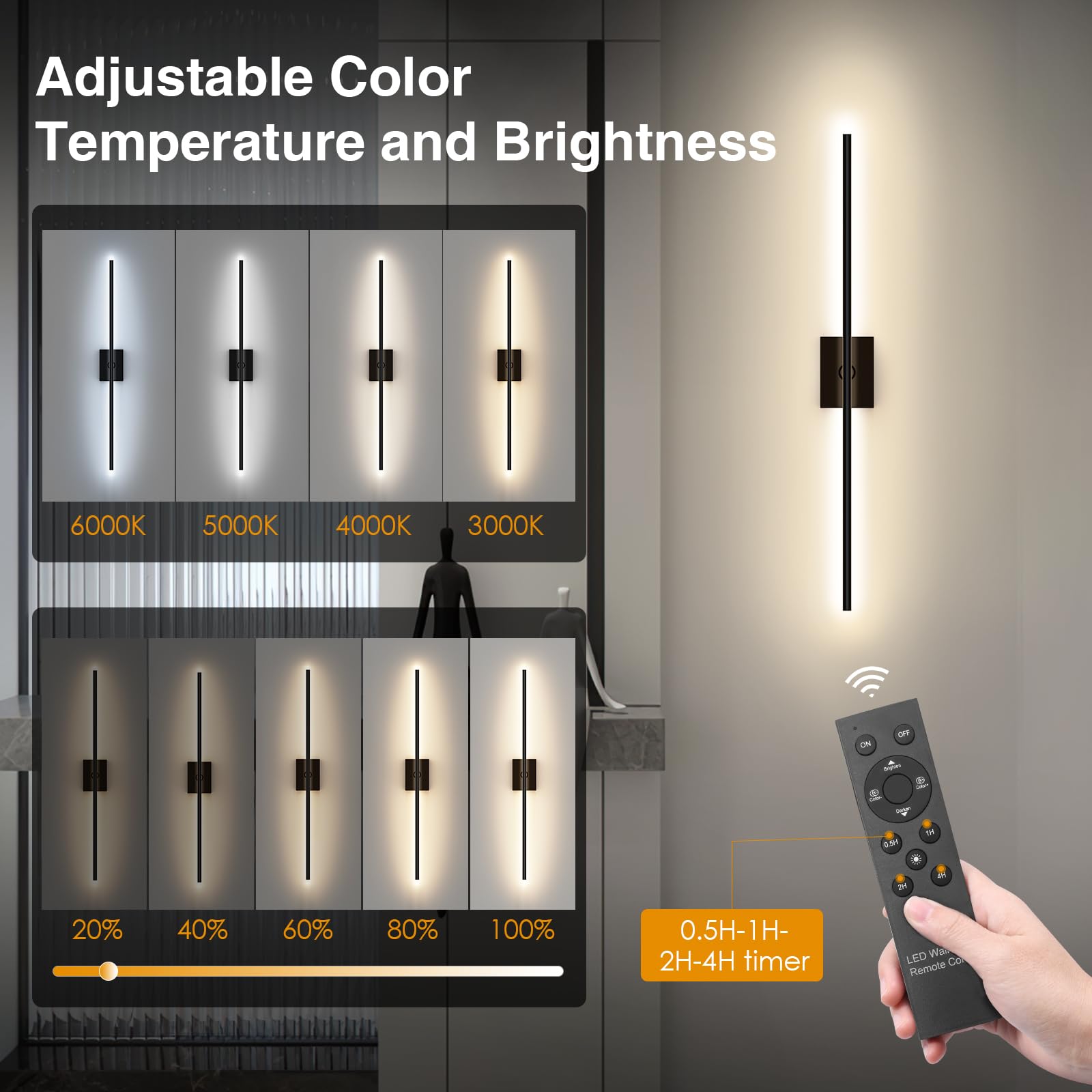 Temracha Battery Operated Wall Sconce With Remote Control, Wall Sconces Set Of Two, Dimmable Led Lights For Bedroom, 3000K-6500K