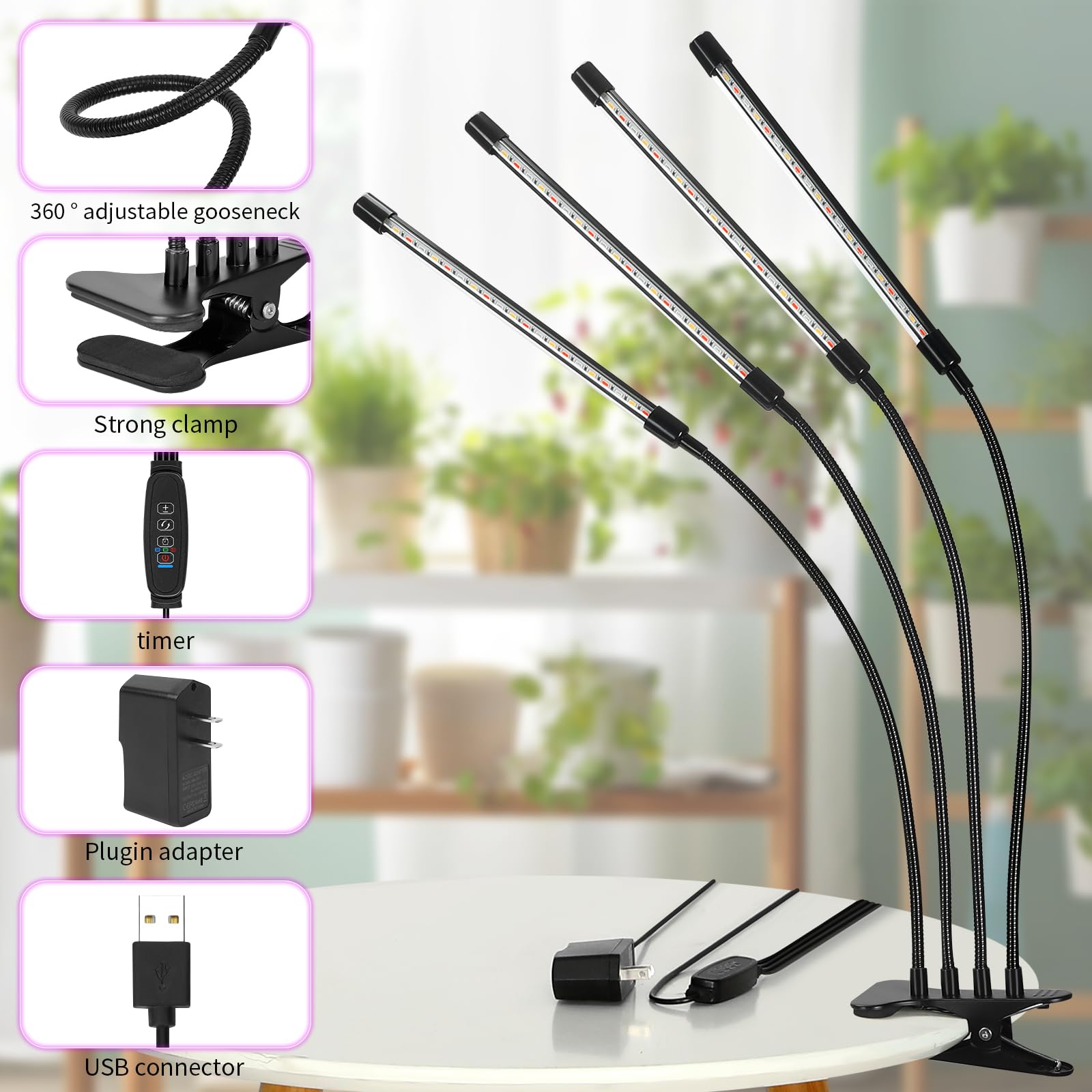 Widicoko Led Grow Lights, 4 Heads Full Spectrum, Dimmable, Auto On/Off For Indoor Plants