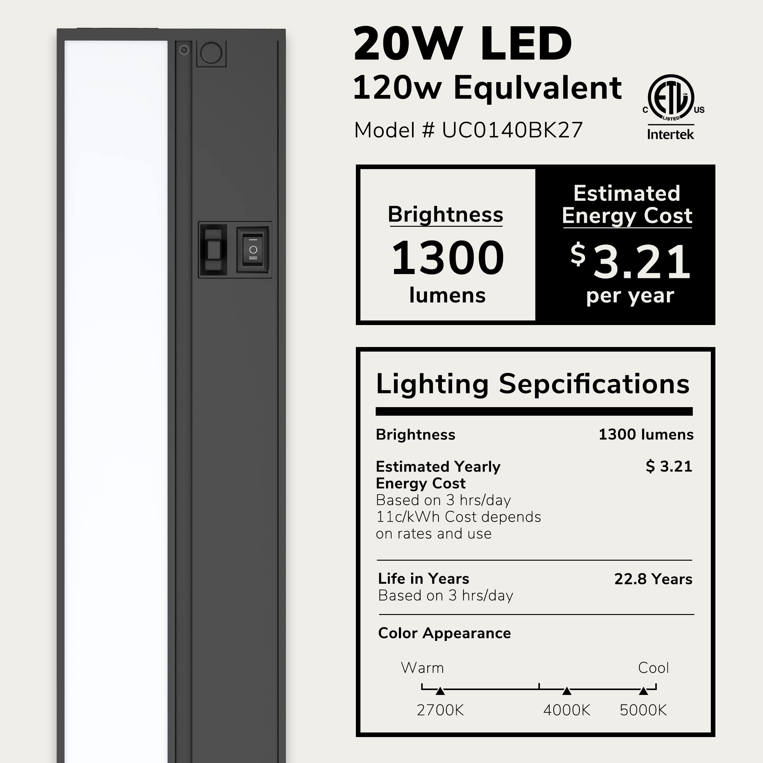 Lagom 40'' Direct Wire Dimmable Led Under Cabinet Lights, Selectable 2700K/4000K/5000K, Selectable Brightness, Black Finish, Uc0