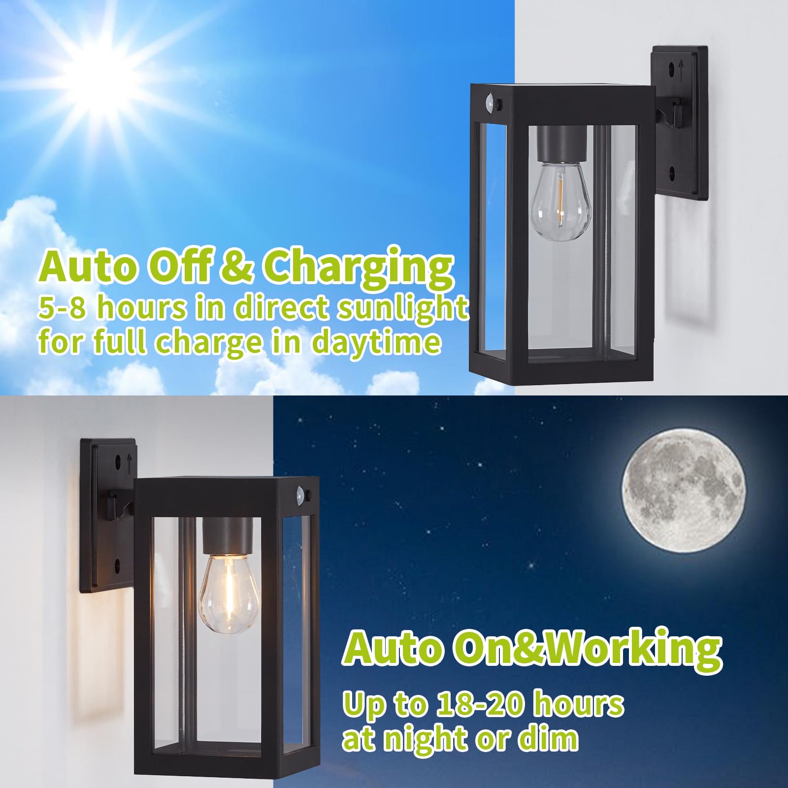 MDENLT Solar Porch Lights 2 Pack - Black, Motion Sensor, 3 Lighting Modes, Dusk to Dawn, Wall Mount Exterior Lanterns for House & Patio