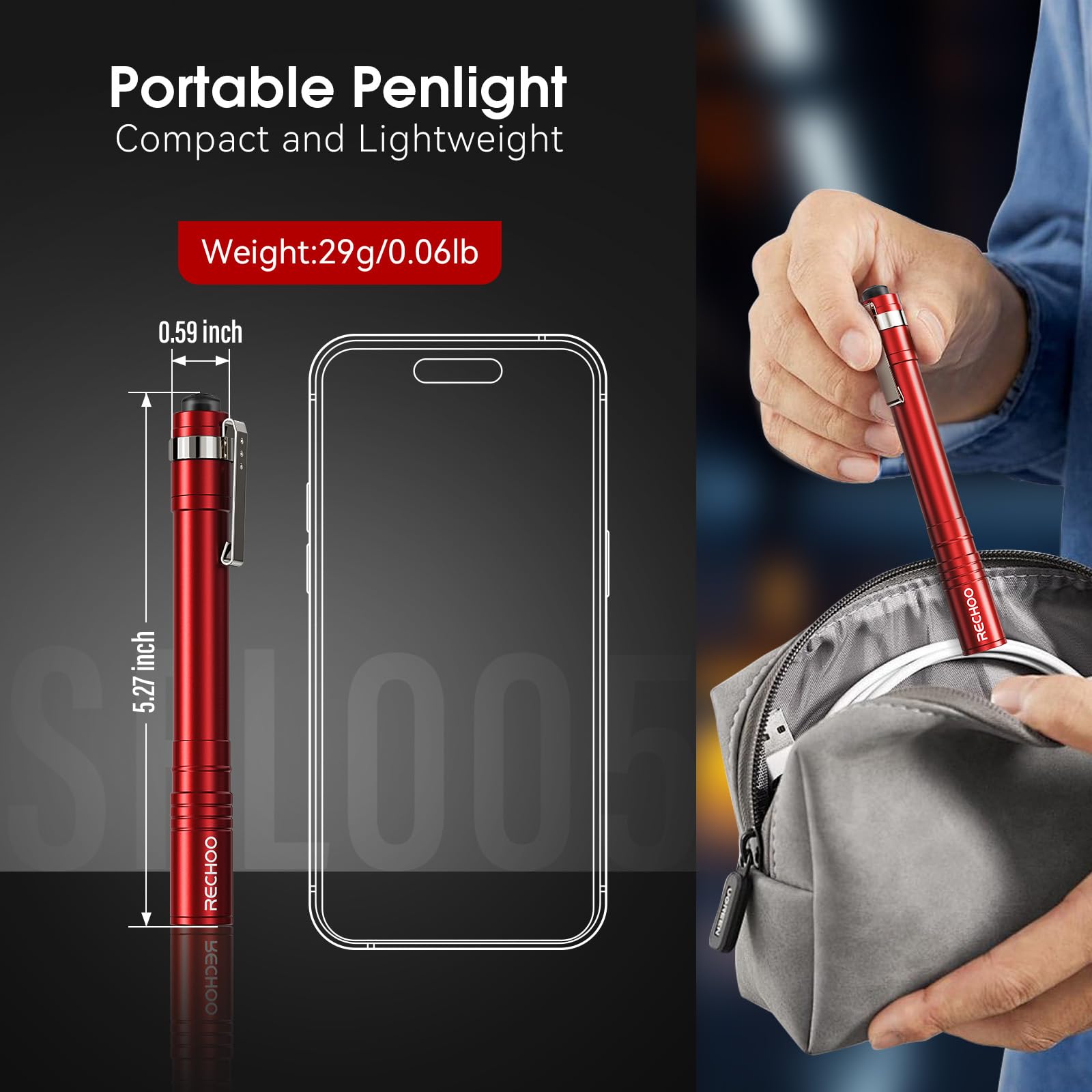 RECHOO LED Pen Light, Small Waterproof Flashlight, 4 Pack, Red, Aluminum, Model SFL005-Red