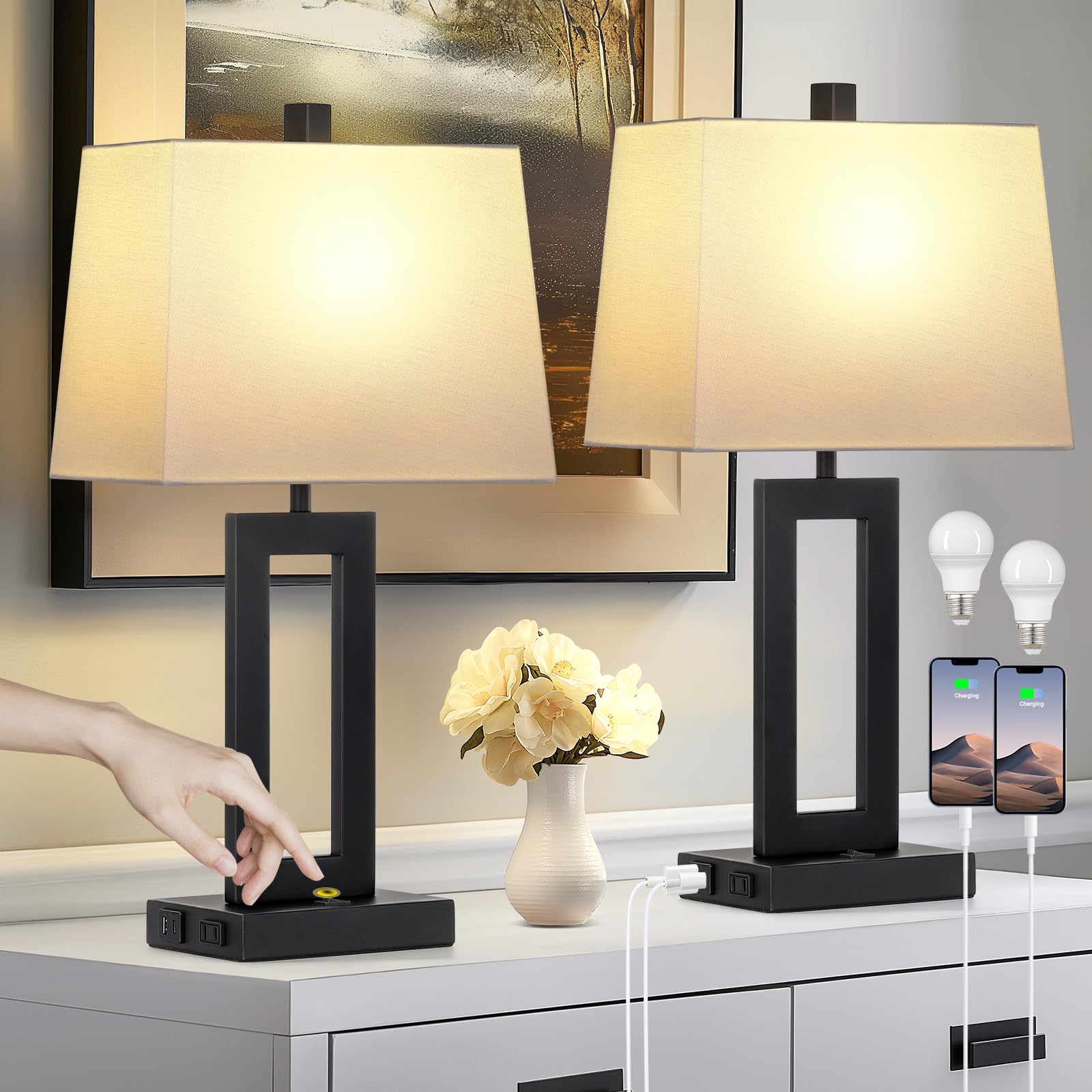 Cinkeda Table Lamp Set of 2 with USB C+A Ports & AC Outlet, Bedside Lamps, Modern Bedroom Lamps, Black Lamps for Night Stands Be