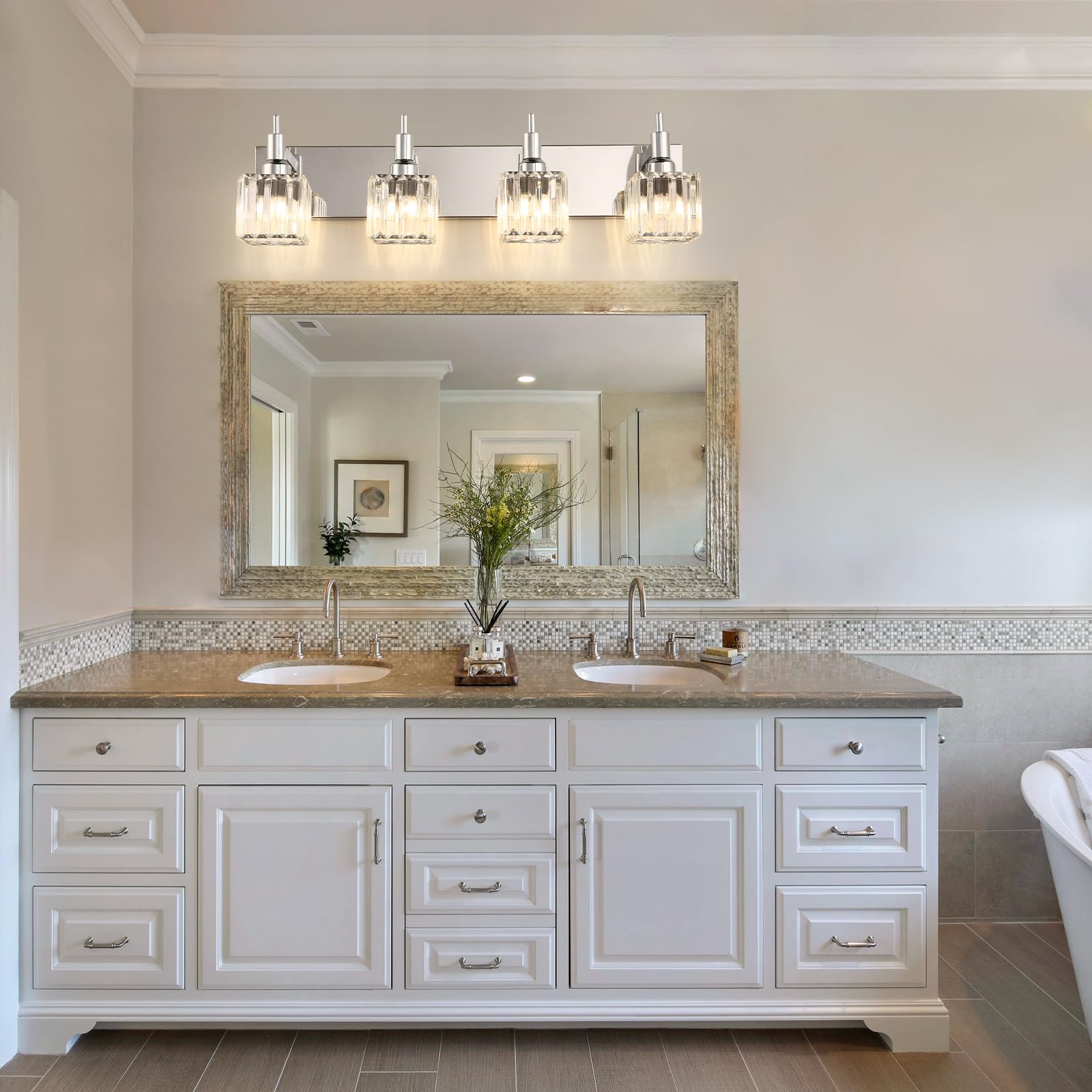 HUOKU Modern Crystal Bathroom Vanity Light 4-Light Wall Sconce, Chrome-Square Shade, Metal and Crystal Construction