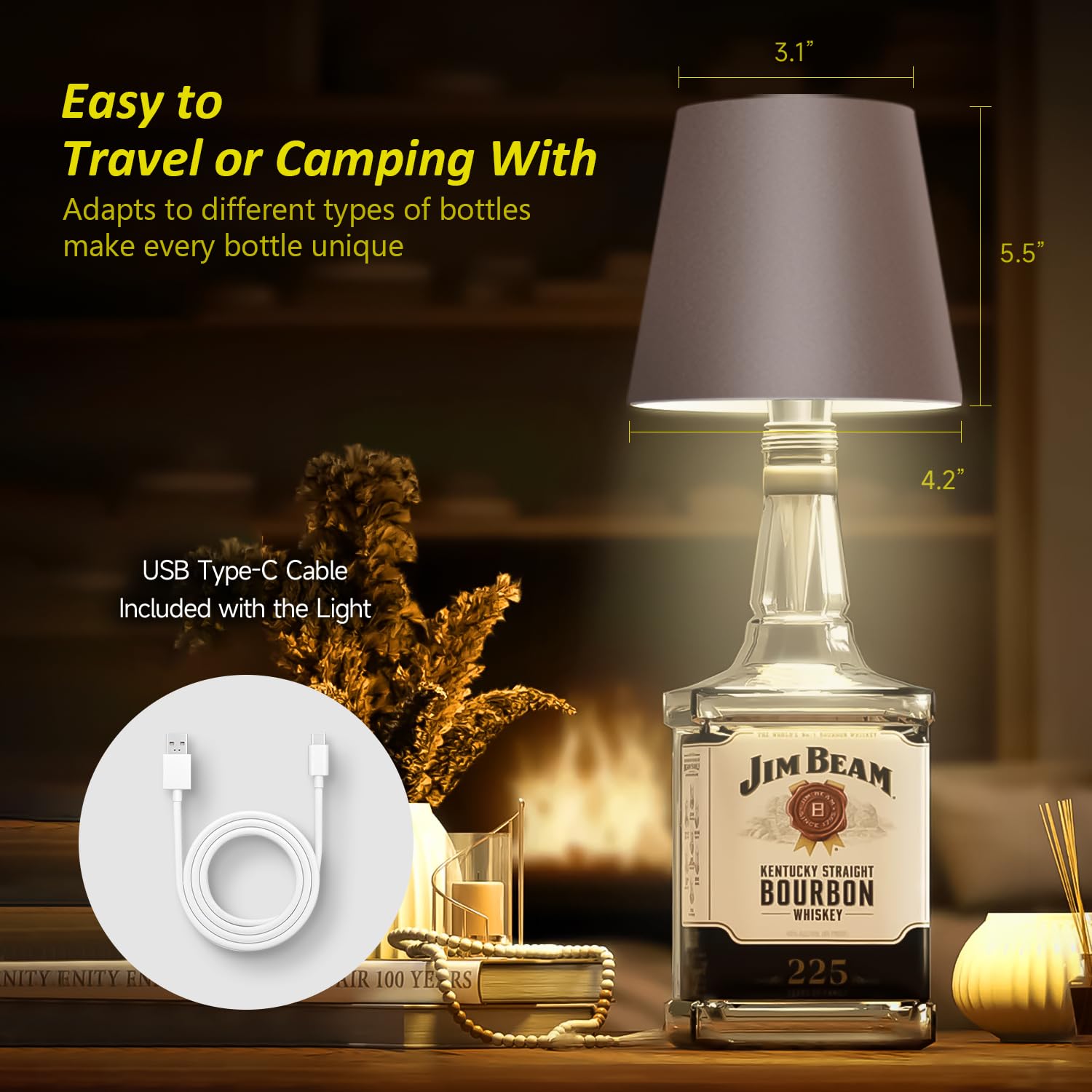 Hoide Wireless Bottle Lamp - LED Touch-Dimmable Night Light Kit, Rechargeable, 5.7in, Brown, Plastic