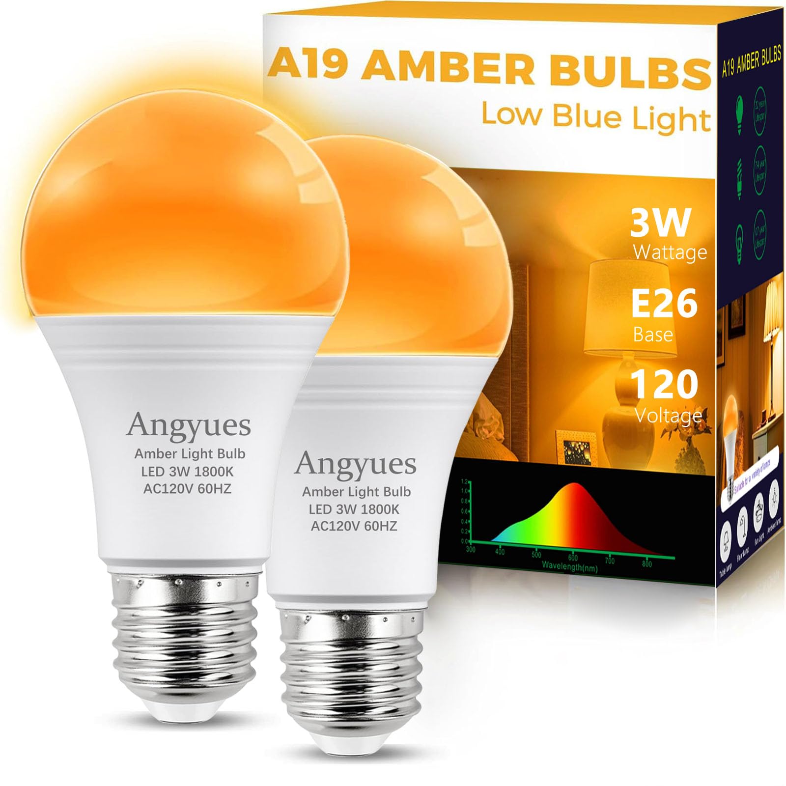 Angyues Amber Sleep Light Bulbs, Blue Light Blocking, A19 3W(25 Watt Equivalent) Dim Light Bulbs For Lamp,1800K Warm Light Bulbs