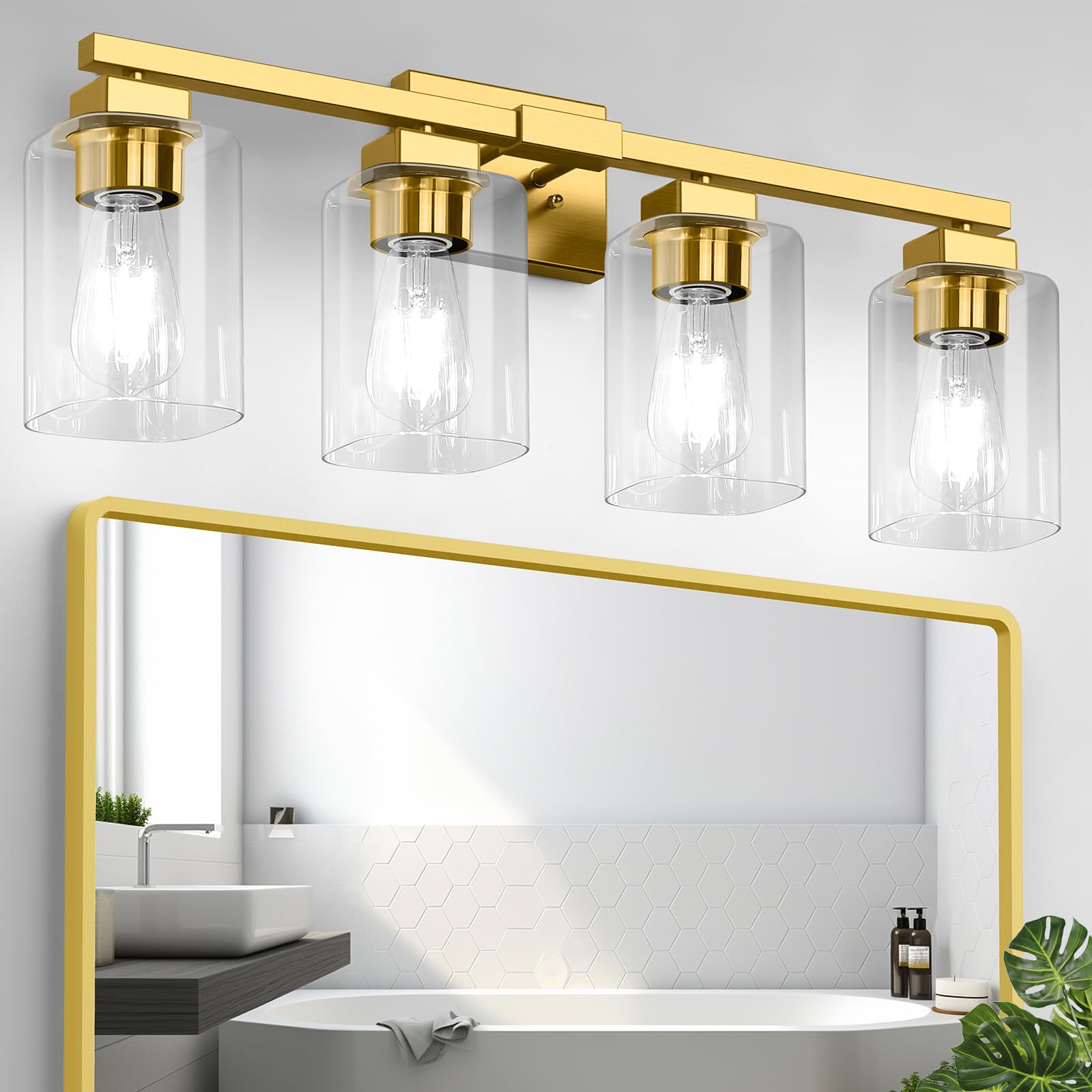 Bathroom Vanity Light, 4-Light Modern Matte Gold Wall Sconce Lighting With Clear Glass Shade, Gold Wall Lights,Bath Vintage Wall