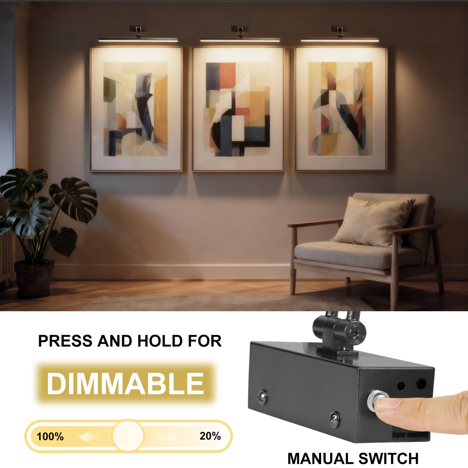 Yuichoy 12" Battery Operated Picture Lights, Dimmable Wireless Art Lighting, Black, Model Yun12-ZH-2HS, 4200mAh, Remote Control