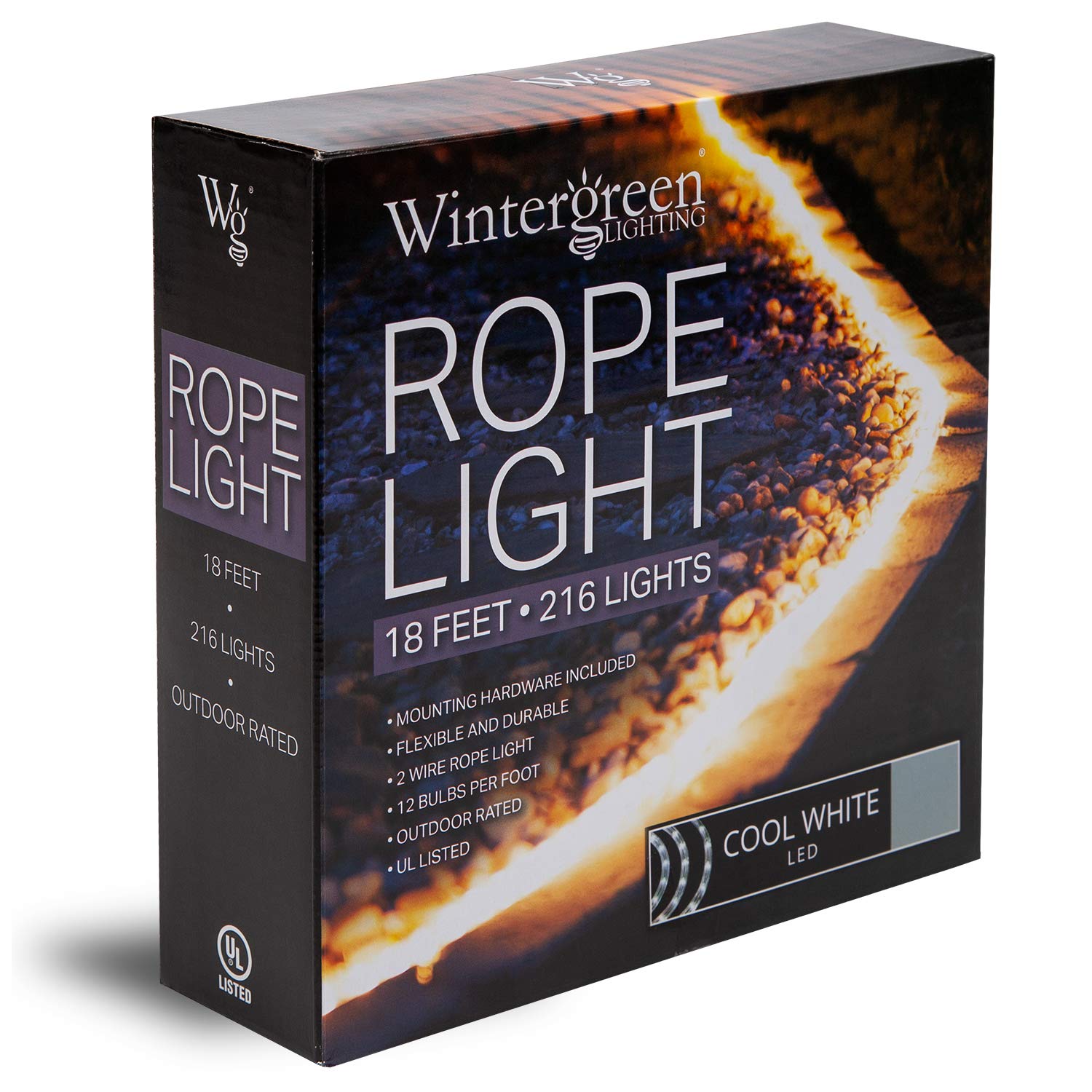 Wintergreen Lighting 18' LED Cool White Rope Light – Flexible PVC String Light, 120V, Model WG-LED-13Y-1E-#22-36-18