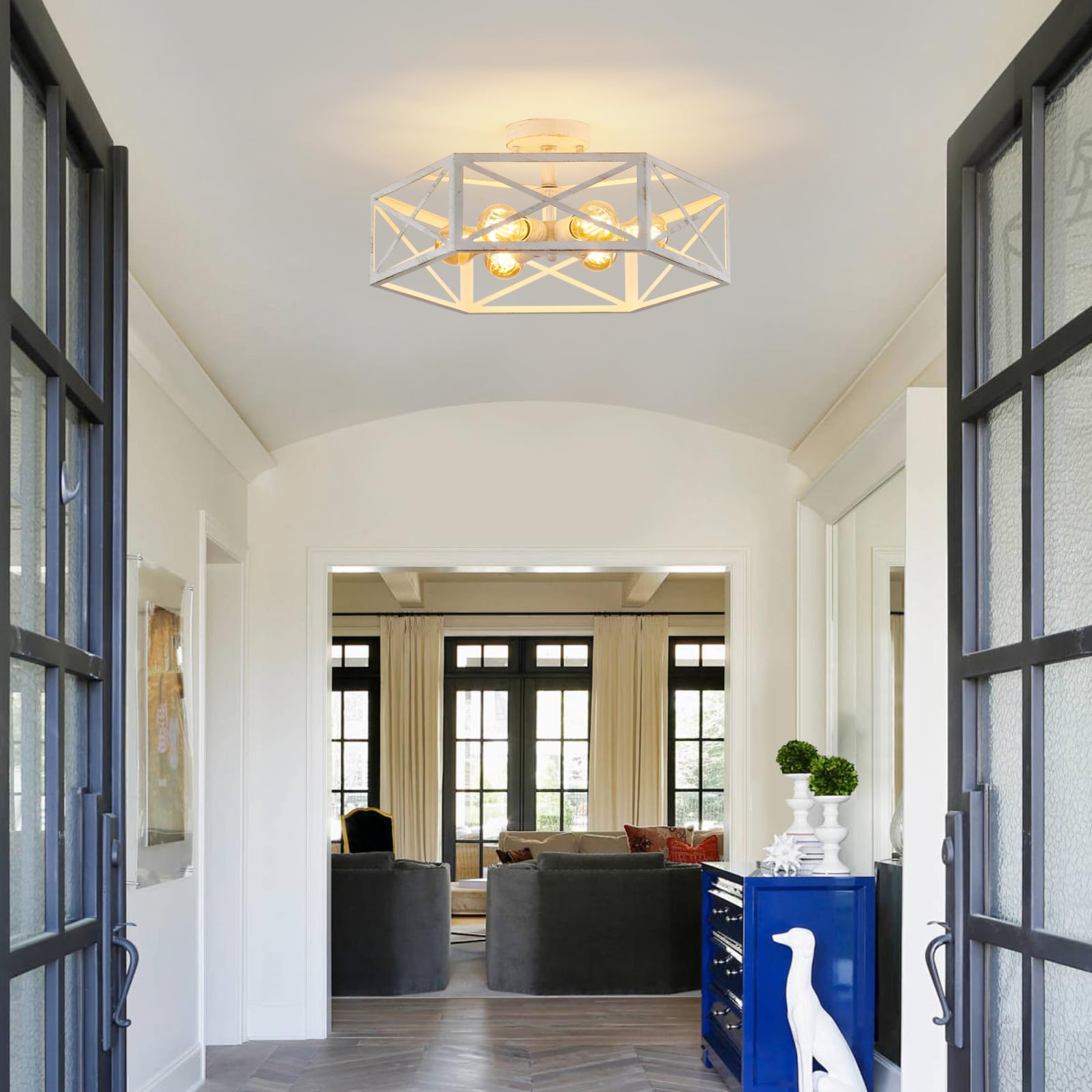 Xsdetu 19.68'' Semi Flush Mount Ceiling Light, Farmhouse 6-Light White Kitchen Lighting Fixtures Ceiling Mount, Modern Flush Mount Light Fixture, Metal Hexagon Cage Ceiling Lamp For Hallway