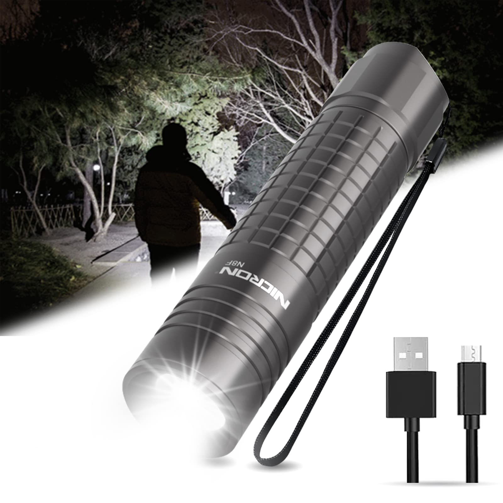 NICRON N8F Flashlight, 800 Lumen, 5 Modes, Zoomable, Rechargeable, IP65 Waterproof, Gray
