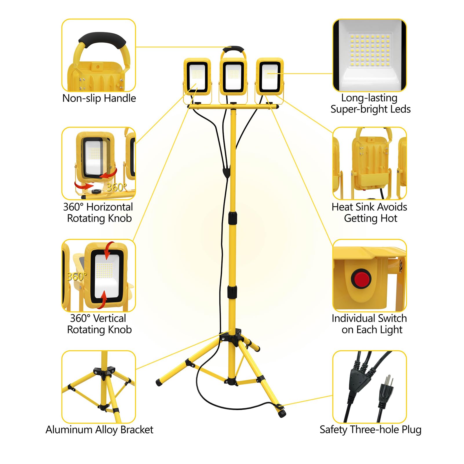 21000 Lumens Work Lights With Stand, 3 Adjustable Head Led Work Light, Waterproof Portable Lights With Individual Switch, Led Flood Light With 72 Inch Adjustable Metal Telescoping Tripod
