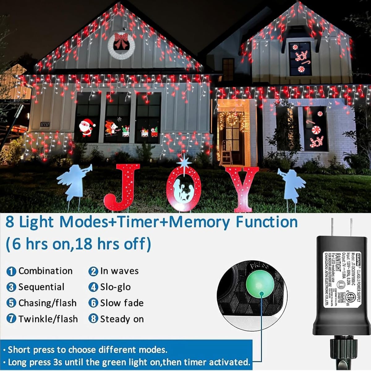 YEGUO 33ft Icicle String Lights, 400 LED, Red and White, Waterproof, 8 Modes, Connectable, Lamp String