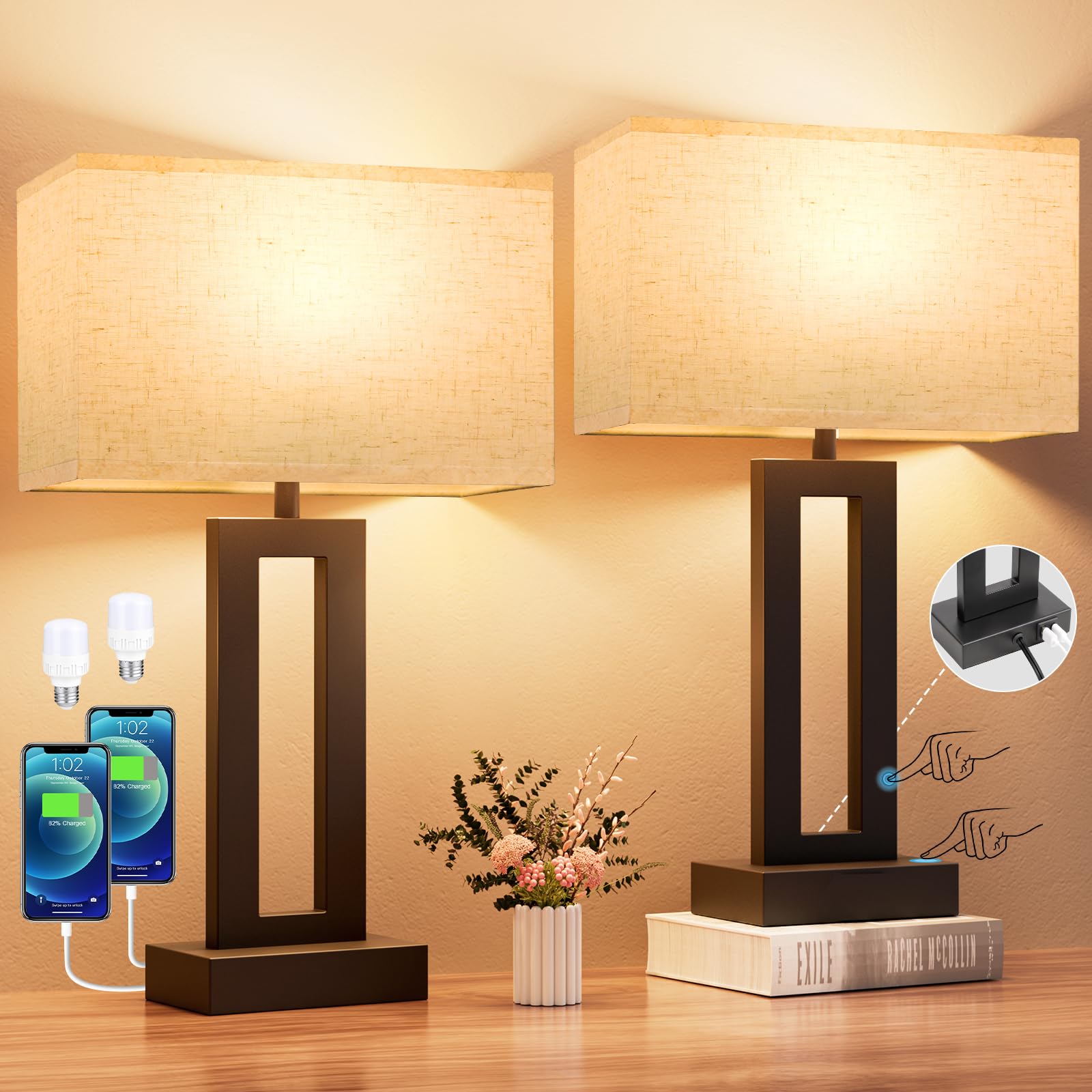 Seealle Nightstand Table Lamps Set of 2 - Touch Control, 3 Way Dimmable, USB C+A, Medium Cream&Black