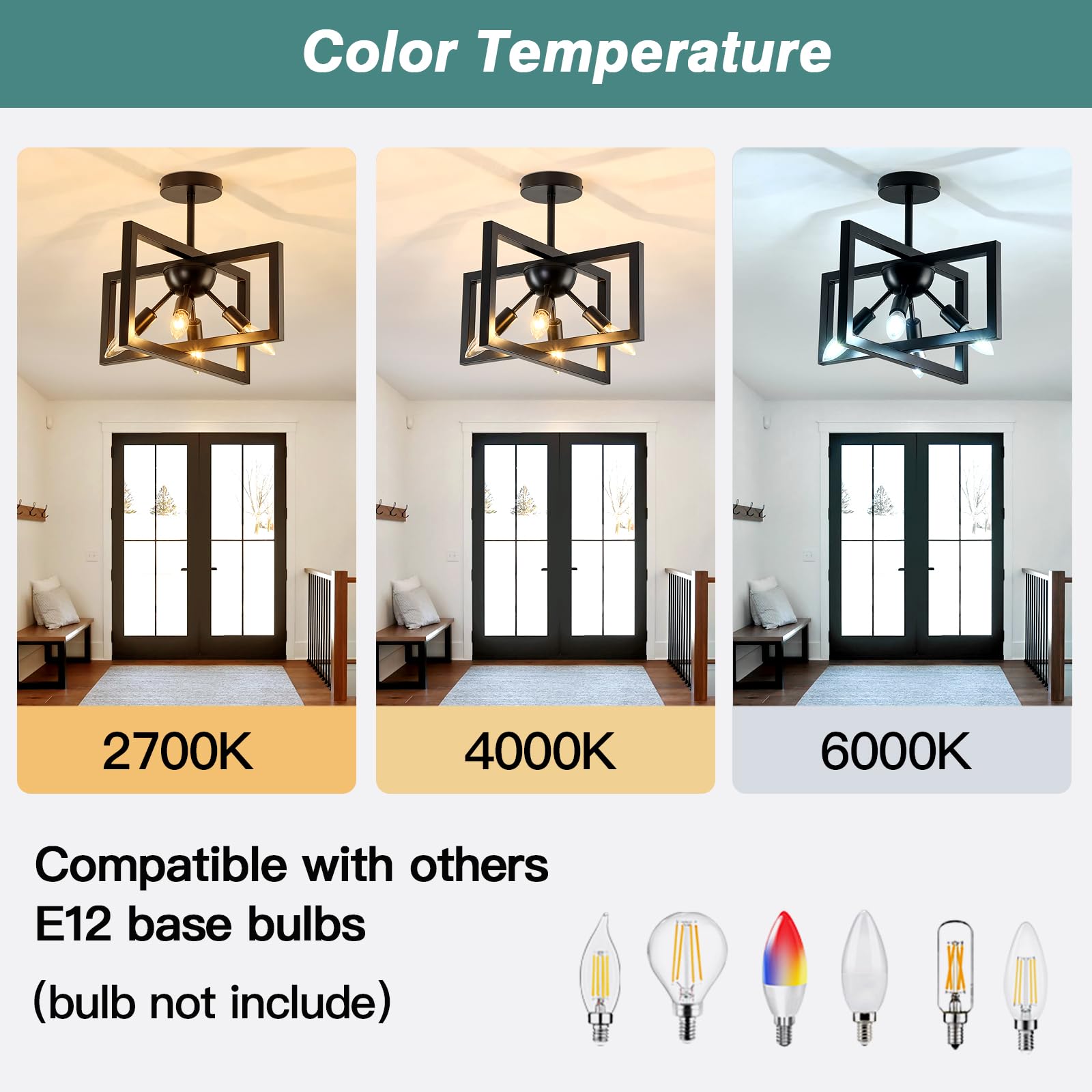 ZGLAOJT 4-Lights Ceiling Light Fixture Modern Iron Semi Flush Mount Chandelier F-1438 for Bedroom Kitchen Living Room Black