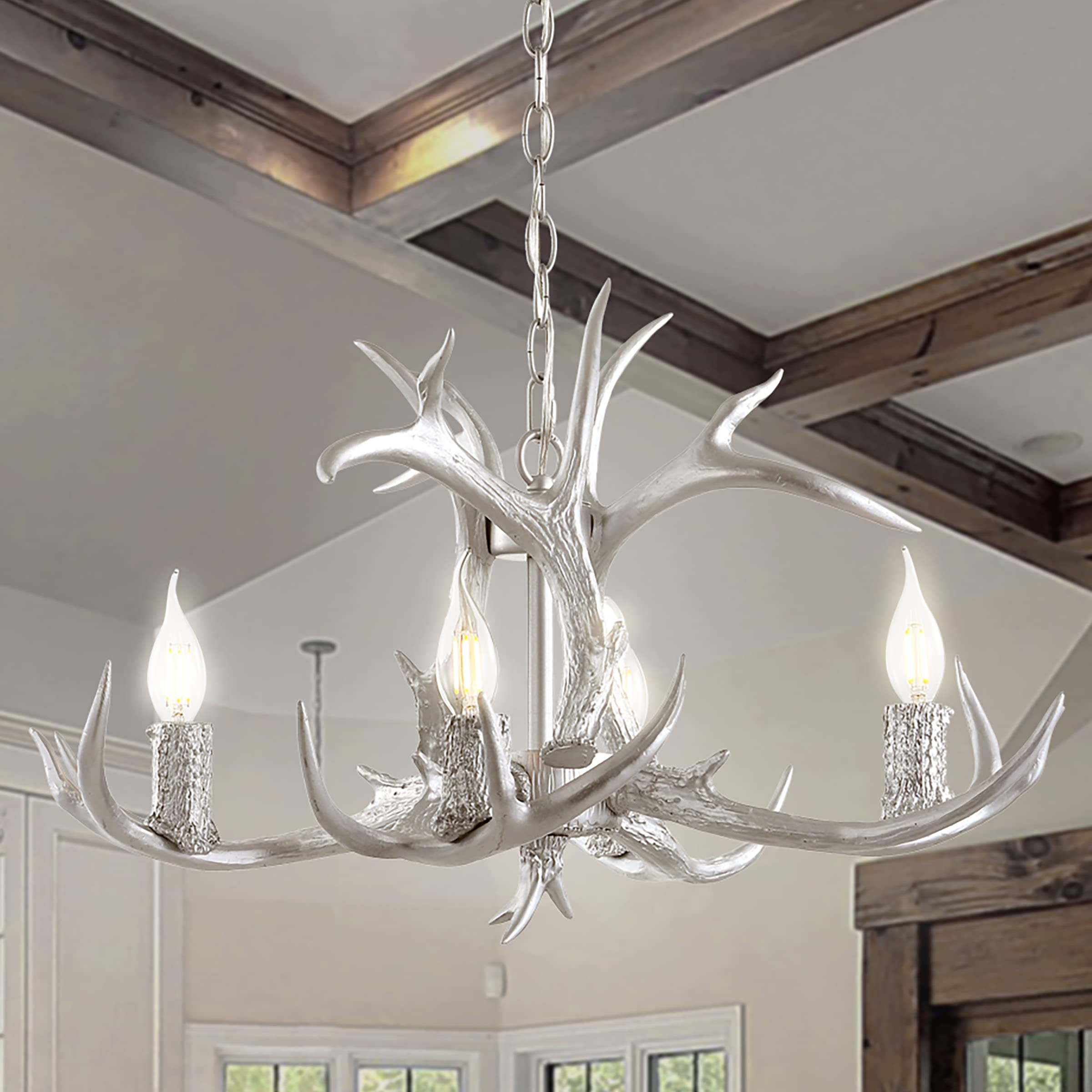 JONATHAN Y 26" Adjustable Resin Antler 4-Light LED Chandelier, Silver - Dimmable Glam Rustic Lighting for Dining Room, Living Room, Kitchen