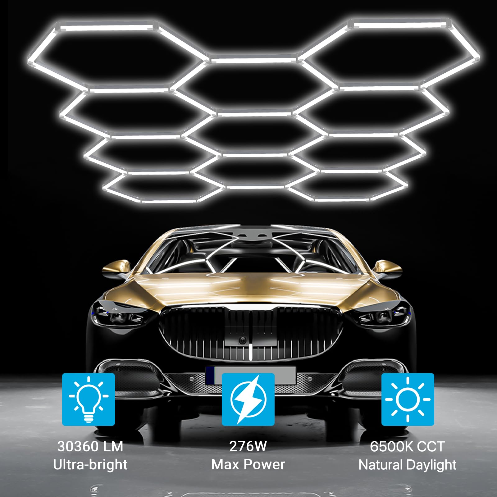 HYPERLITE Gen 2 Hexagon LED Garage Light, 322W 32200LM, Dimmable, 11 Grids, White, Model AC11HEX-DM