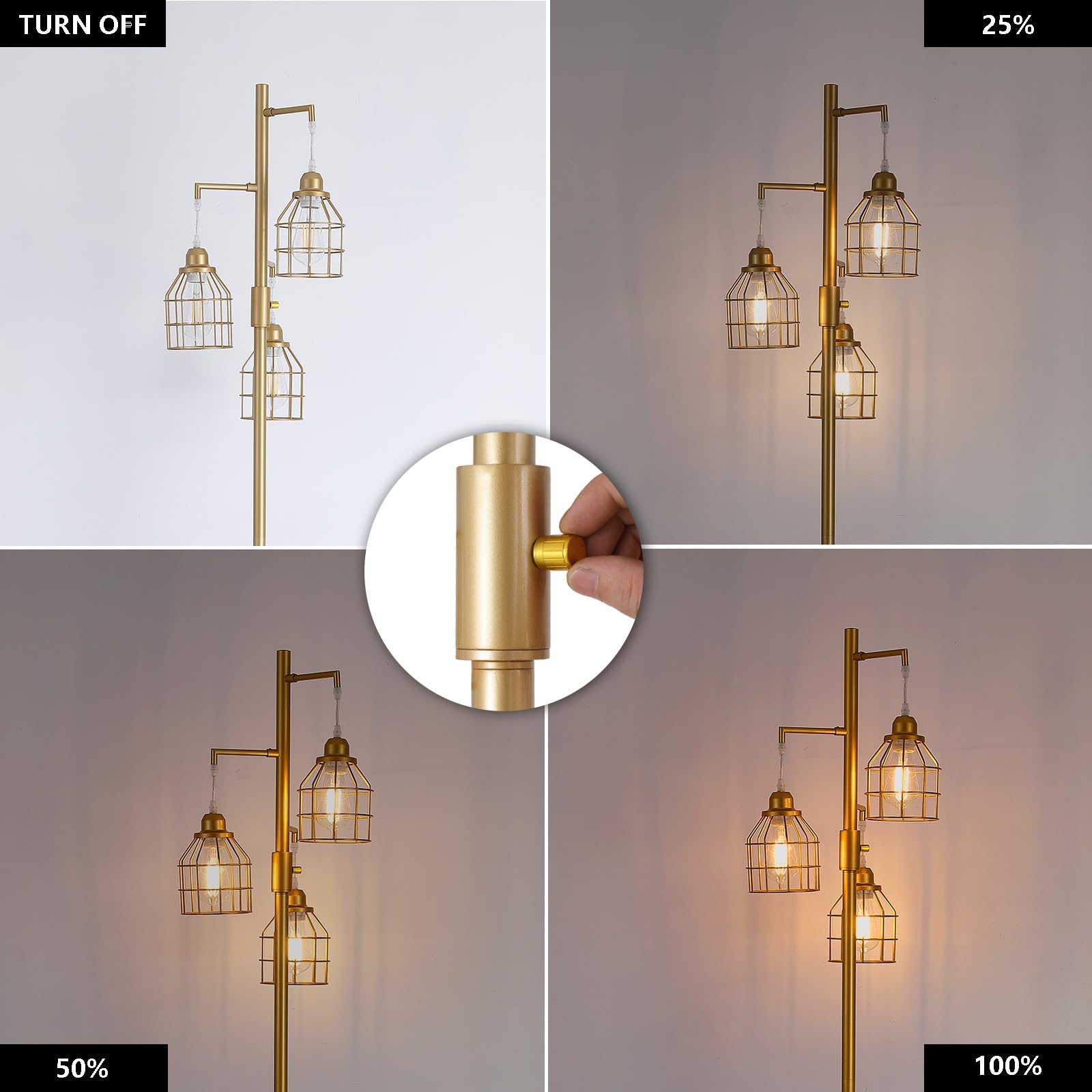 9Mmml Golden Dimmable Floor Lamp,Industrial Gold Farmhouse Tall Standing Lamp For Living Room, Bedroom Office,3 Teardrop Cage La