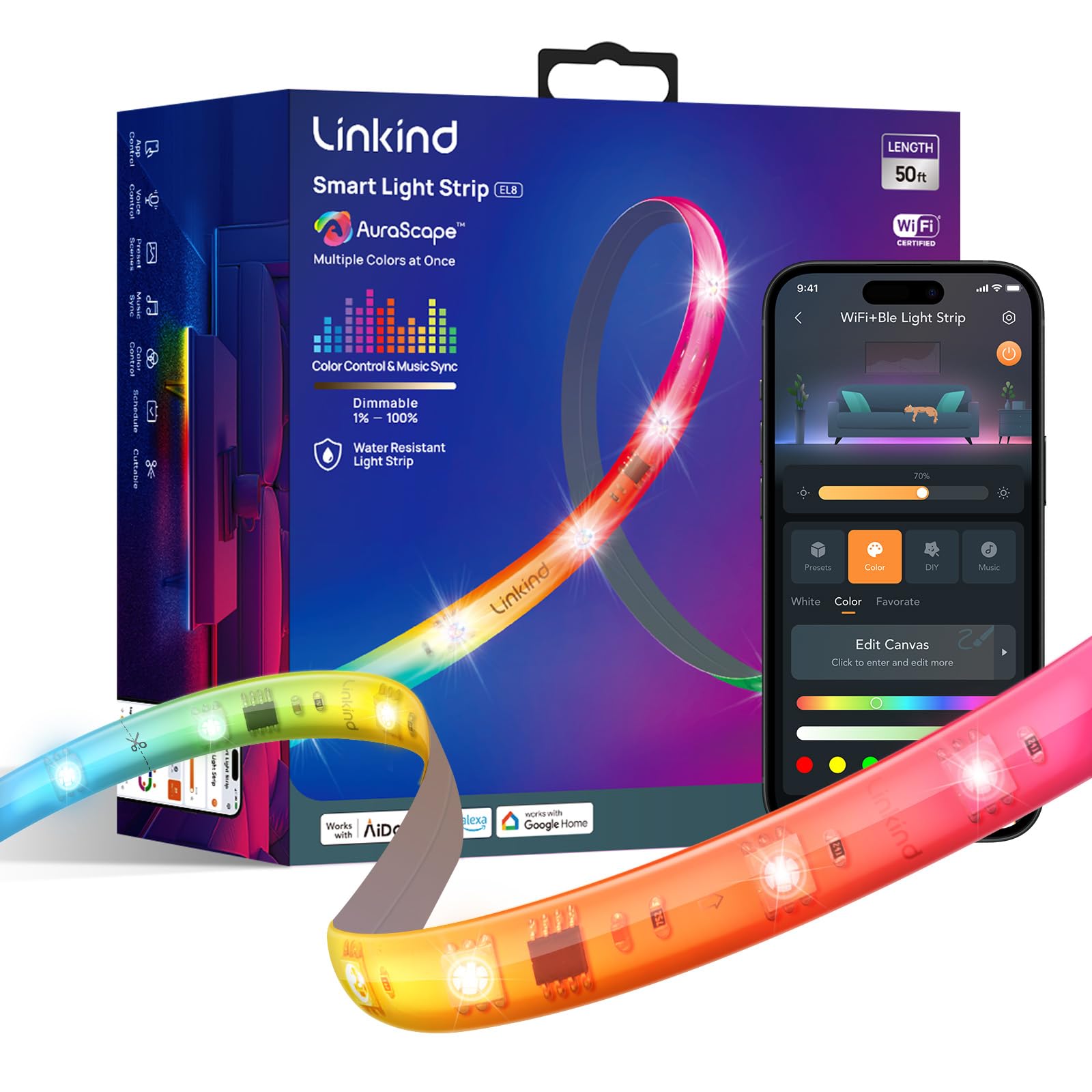 Linkind LED Band Lights RGB 50ft  Smart Light Band Work with Alexa and Google Home  App Control Music Sync Segmented Color Changing Led Lights for Bedroom Kitchen