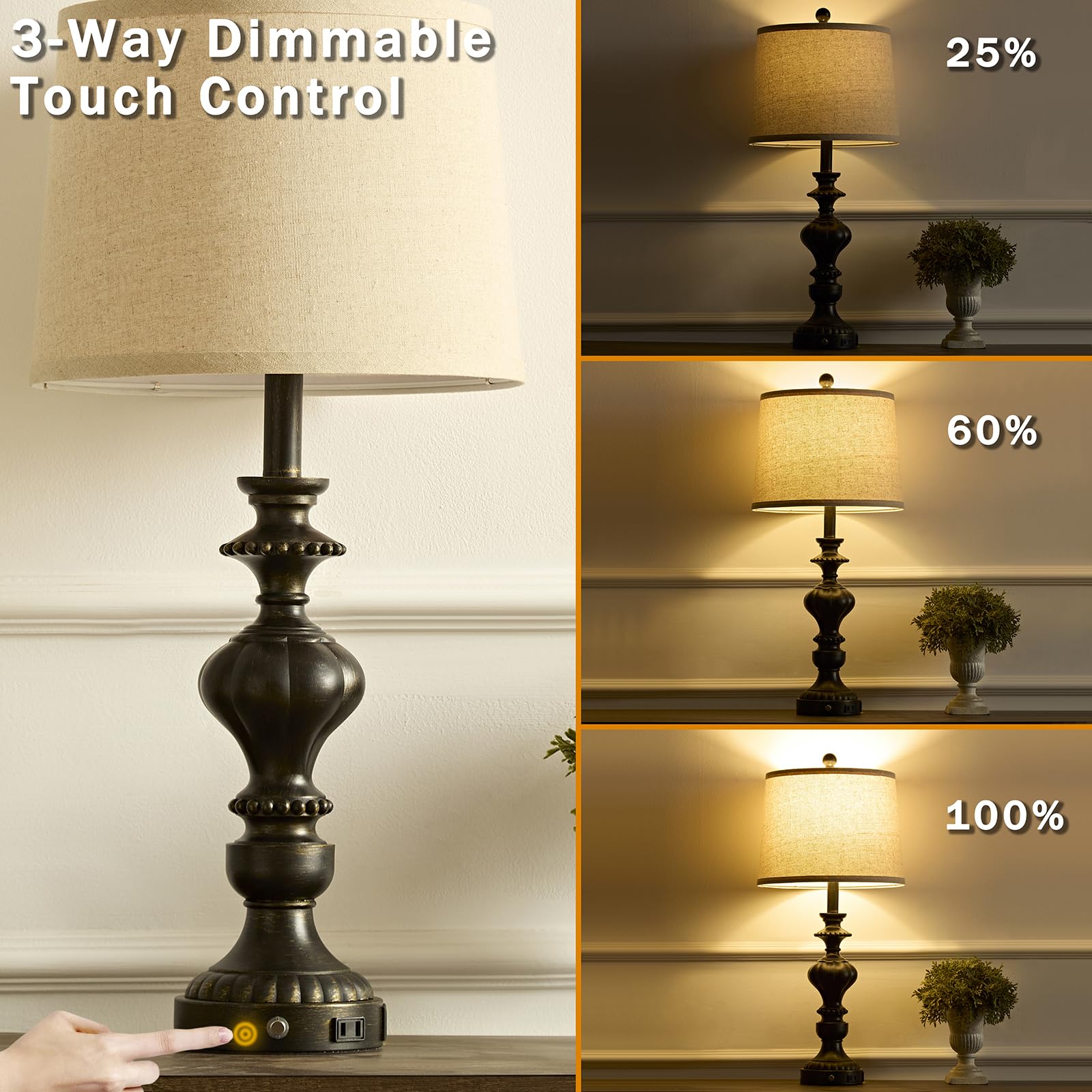 SAIWEYA 27.5in Farmhouse Table Lamps Set of 2, 3 Way Dimmable Touch, USB C+A Ports, AC Outlet, Black, Model TM-T03