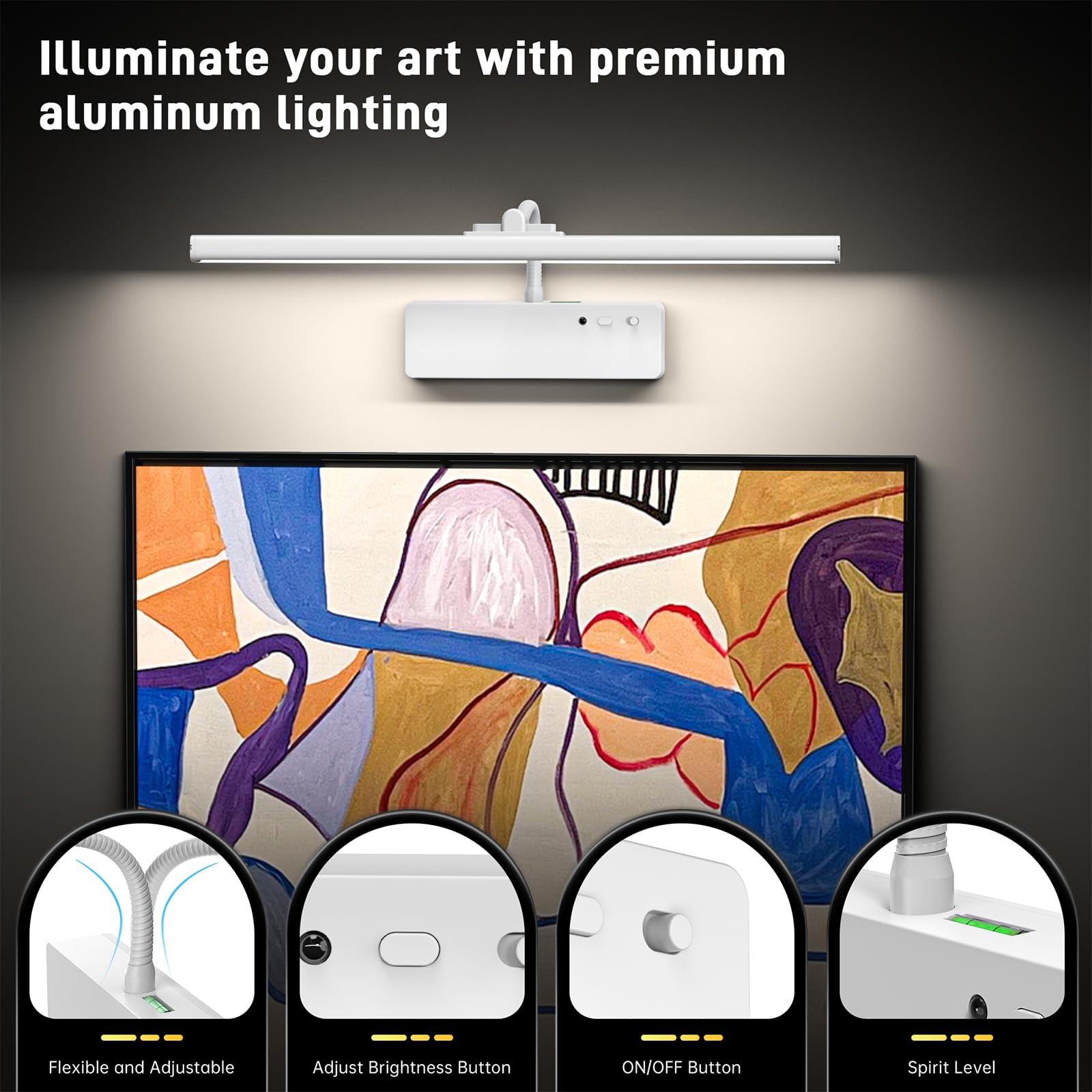 Racokky Picture Light, 15.35inch Wireless Art Light, 5400mAh Battery, Remote, Dimmable, 3 Color, White, Model L300-White