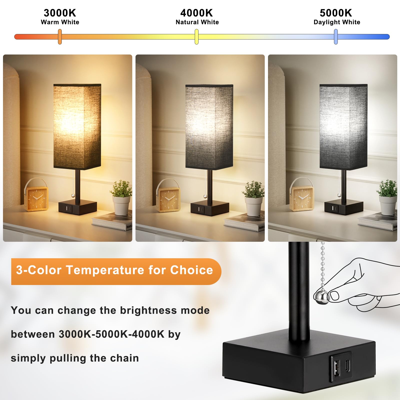 Bedside Table Lamps Set Of 2 - Black Bedroom Lamps With 3 Color Temperatures (3000K/5000K/4000K), Two Square Nightstand Lamps Wi