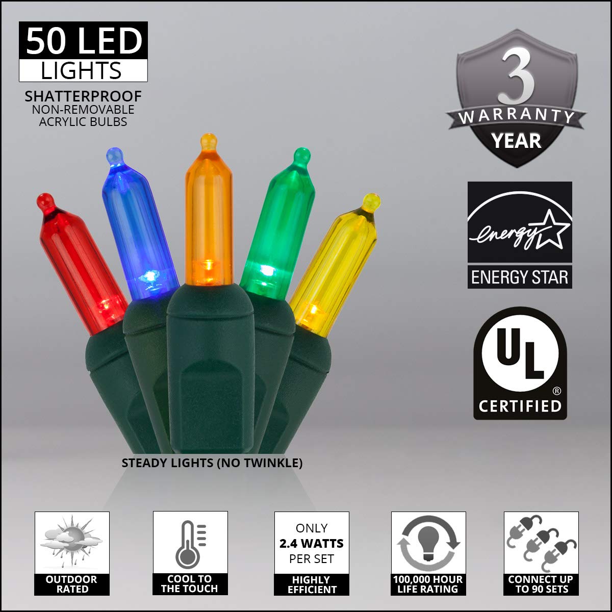 Wintergreen Lighting 50 T5 Christmas Tree Lights, 25.5 ft, Multicolor LED Indoor-Outdoor String Lights, Model IOS-2-50