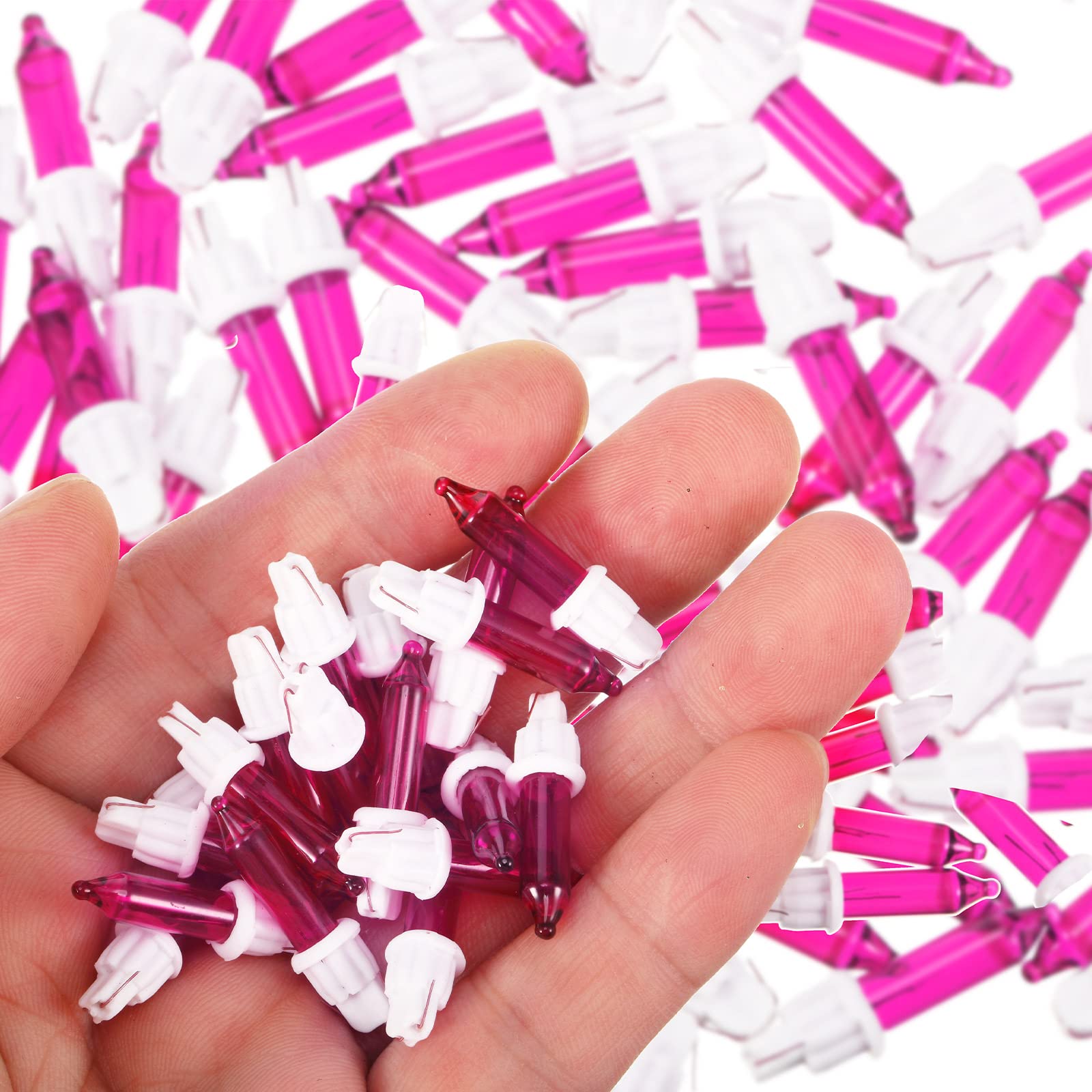 Mudder 100 Pieces Mini Incandescent Replacement Christmas Tree Light Bulbs, White Base with Pink Bulb for Holiday Decoration