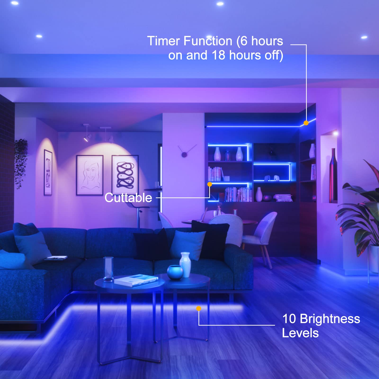 echosari Blue LED Strip Lights, Waterproof, Battery Operated, 8 Modes, Dimmable, 90 LEDs, Self-Adhesive, Indoor/Outdoor Decor