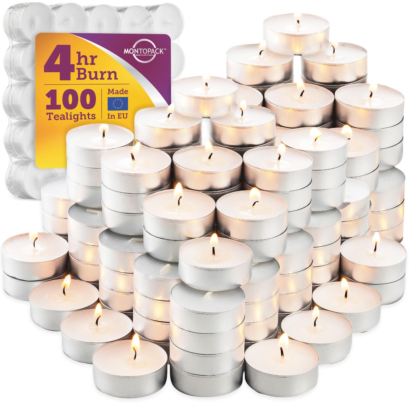 MontoPack Unscented Tea Light Candles | 100 Smokeless, Dripless, Long Lasting | Small Paraffin Wax Votive | White