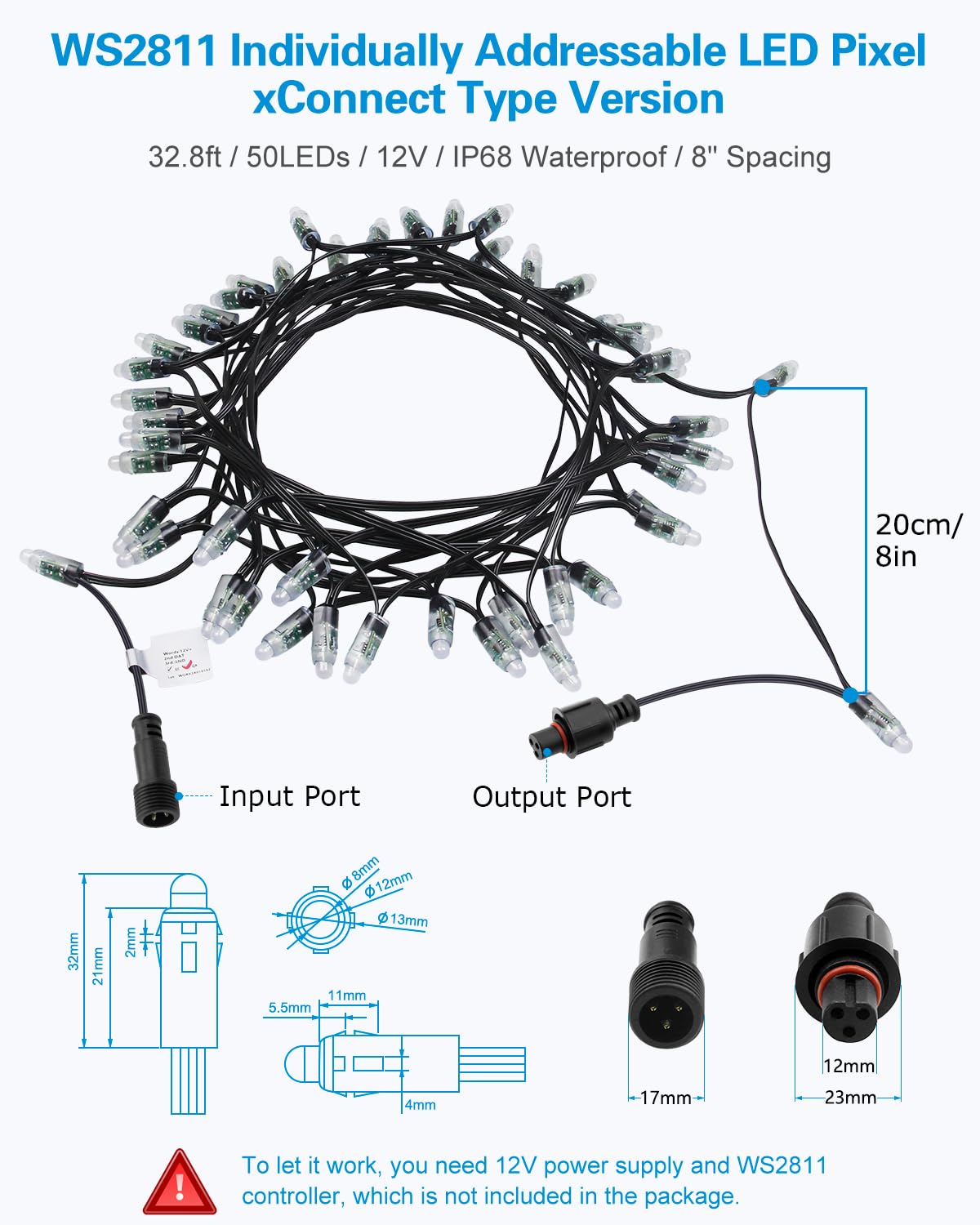 ALITOVE WS2811 RGB Pixel String Lights 50 LEDs 8in Spacing 12V Multicolor Waterproof Addressable Modules