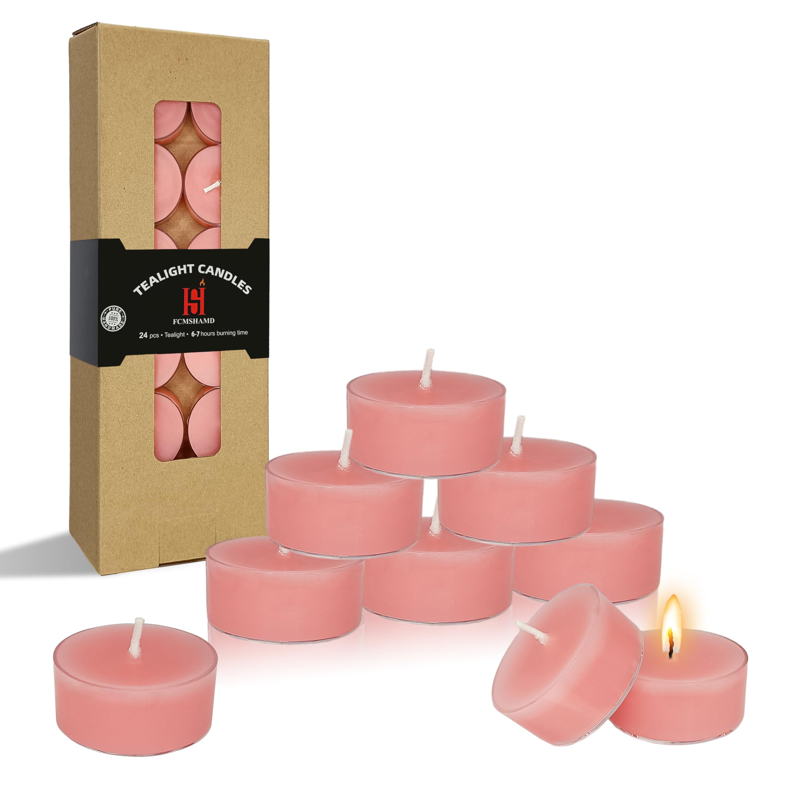 FCMSHAMD Rose Scented Tealight Candles  24 Pack Pink Tea Lights  6 Hour Burn Time  Modern Floral Theme  Dripless & Smokeless